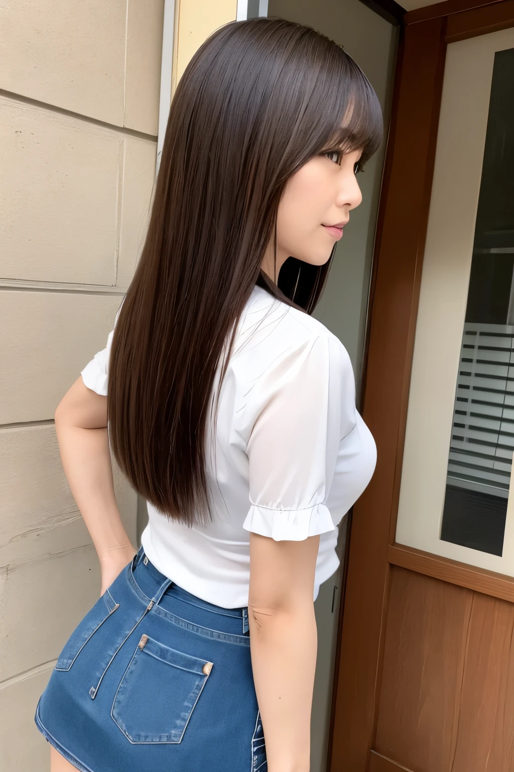 Photo of a beautiful 14 year old foreign girl standing in front and looking at me Her hair should be yellowish black in color on the front side. The girl should be standing straight in discipline position.