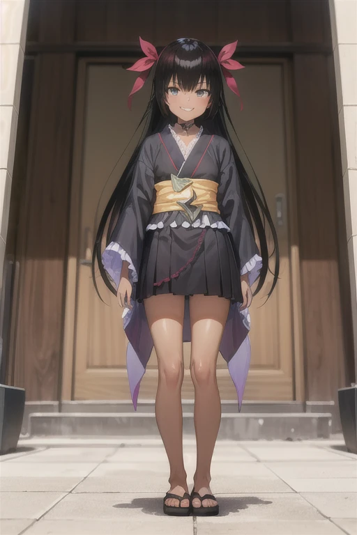  nemesis,best quality, long hair, black hair, two side up, hair ribbon, tan,. dark skin, black choker, frills, japanese clothes,  obi, purple hakama short skirt, standing, grin, 