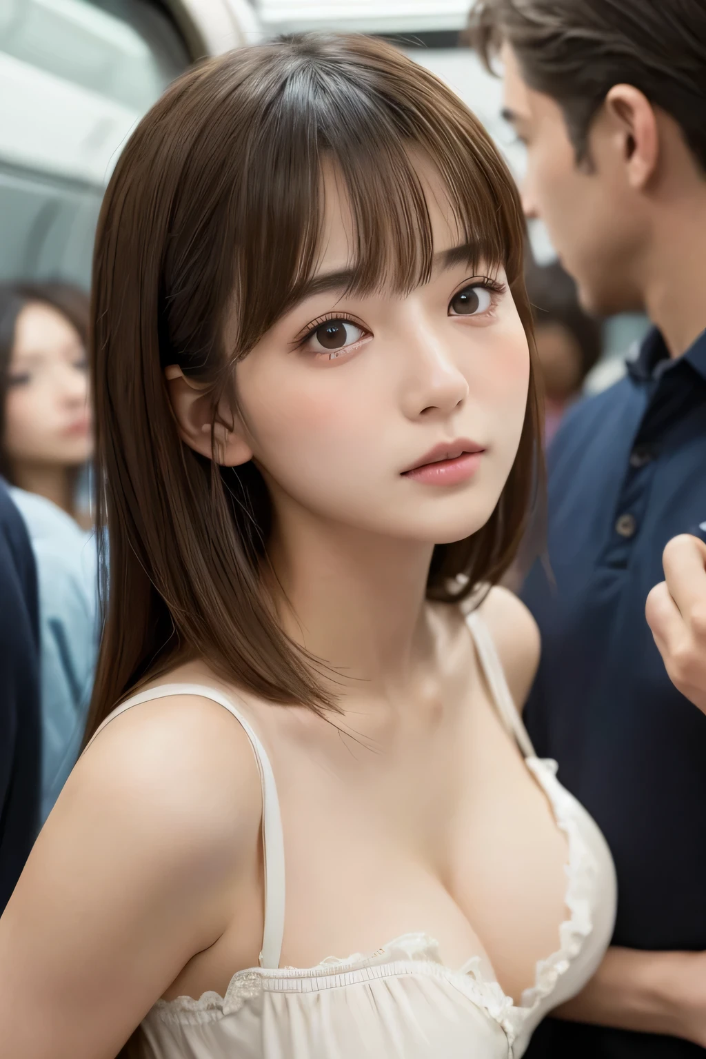 one Japanese girl, (a beauty girl, delicate girl:1.3), (20 years old:1.0), break, (summer、 blouse:1.3), break, (Crowded train:1.3), break, Extremely fine resolution, (Symmetrical eyes:1.3), break, Small breasts, Brown eyes, Parted bangs, Brown Hair, girl, break, (Eye and facial details:1.0) break, (masterpiece, Best Quality, Very detailed, Detailed face, 8k)、Stand、Curved back、Below、(Embarrassing、Crazy behavior:1.4)、A man touches、Surrounded by many men、Man grabbing his chest、Man inserts、Beautifully portraying youth、Viewers massage breasts、Viewers can watch her Massage the breasts、(Embarrassing、cry、Shining eyes、A man stroking a woman&#39;s chest:1.2)、(Hands on back)、Draw young、Five fingers、(男が後ろにStand、男が横にStand)、(Male molester、Massage the breasts、Touching the nipples、cry、Blushing、Reluctant、Disgust)