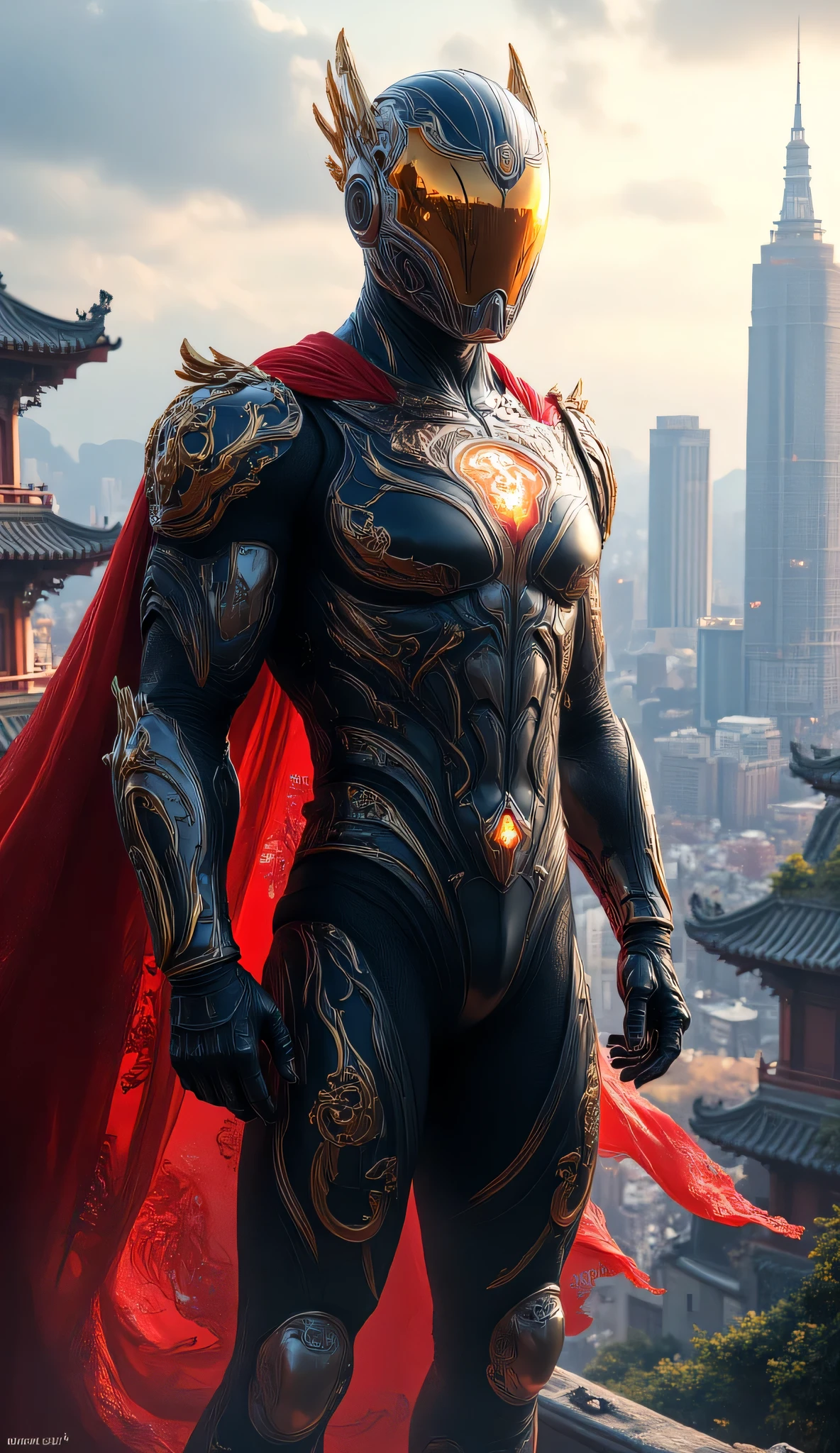 Create a highly realistic illustration of a male superhero inspired by the style of modern Marvel and DC superheroes, blending tactical technology with rich Chinese cultural and mythological elements. The superhero wears a sleek, advanced suit that merges high-tech armor with dragon-scale-like accents, designed to highlight his strength and agility. His suit features metallic details and intricate engravings inspired by Chinese mythology, such as dragons and symbols of protection like the Qilin. He wears a helmet with a glowing golden visor, combining ancient Chinese warrior aesthetics with modern technology. His flowing cape is adorned with red and gold patterns reminiscent of the fiery aura of the Chinese dragon, creating a sense of movement and mystique. The background merges a futuristic cityscape with architectural elements of ancient Chinese temples and Shanghai's skyline, symbolizing a blend of tradition and innovation. The superhero stands confidently, embodying the balance between ancient power and cutting-edge modernity.

