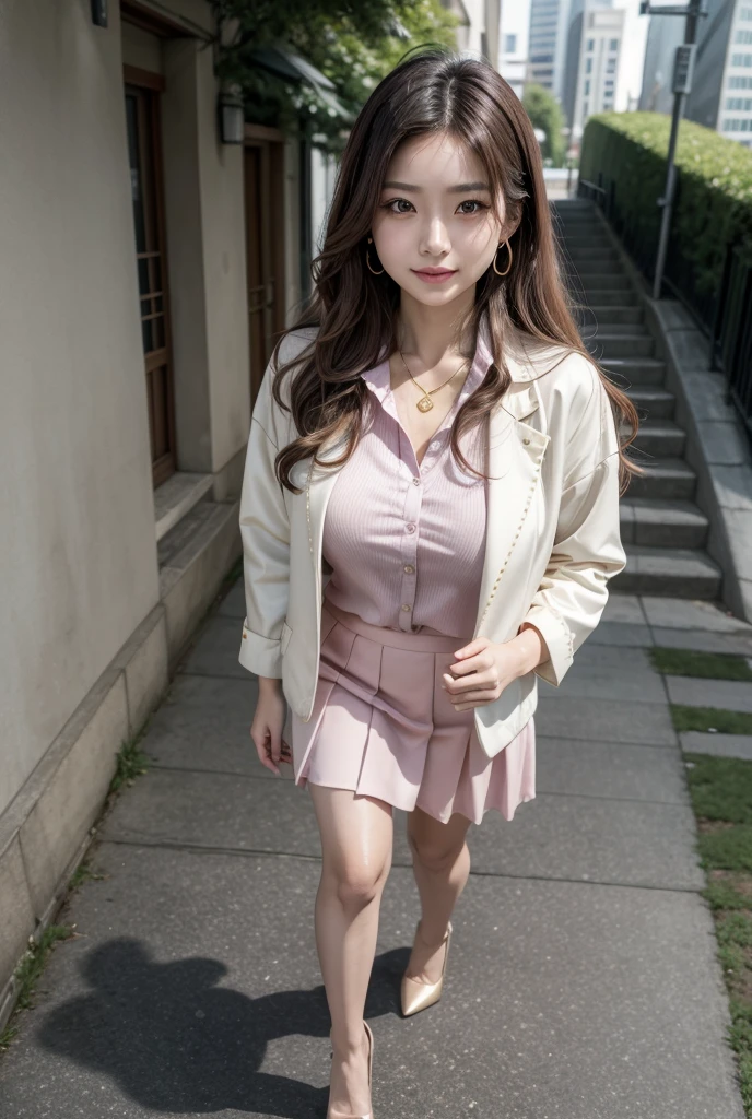 (Showing off her 女子高校生ひとり)、(Lift up your skirt)、(Panty s(White blazer Pale purple pleated skirt)、Front low angle:1.5、(Showing oer panties)、((MasteHighest quality、Highest quality)), (Super detailed), (8K ),Raw color photography, Professional photography, Great face and eyes, Skinny、Model Style、Outdoor、(Light shines on panties)、Pink Hair、(Smasts:1.3)、Earrings、、Thin thny and slim waist、Happy smile、Wet、Posing while showing her panties、20-year-old、