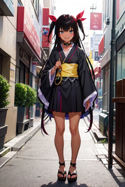  nemesis,best quality, long hair, black hair, two side up, hair ribbon, tan,. dark skin, black choker, frills, japanese clothes,  obi, purple hakama short skirt, standing,seductive smile