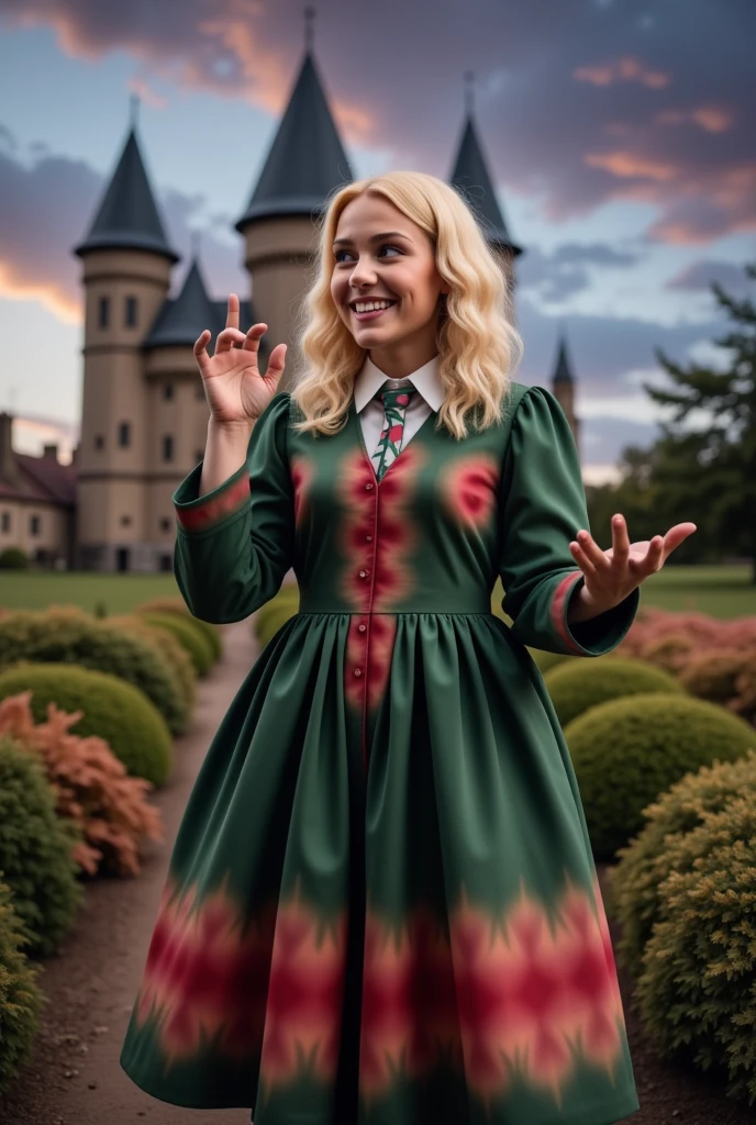 masterpiece photo of a blond full-length woman with green eyes dressed in Hogwarts mage uniform actively says something while gesticulating, a cheerful facial expression, blush, interesting dynamic pose, against the background of college of magic, a rich blue-purple sky with clouds, a lot of vegetation, bright colors, intricate bizarre color combinations