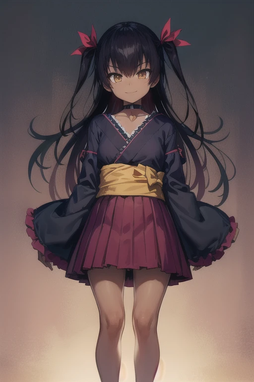 nemesis,best quality, long hair, black hair, two side up, hair ribbon, tan,. dark skin, black choker, frills, japanese clothes, obi, purple hakama short skirt, standing,seductive smile