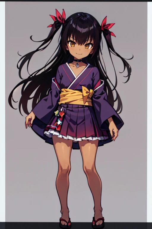 nemesis,best quality, long hair, black hair, two side up, hair ribbon, tan,. dark skin, black choker, frills, japanese clothes, obi, purple hakama short skirt, standing,seductive smile