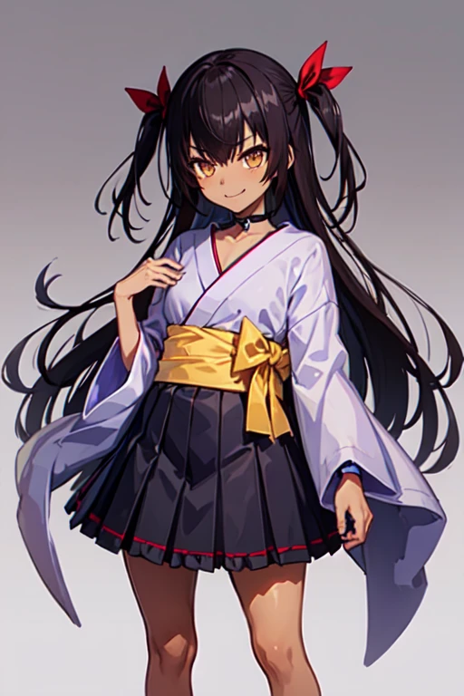 nemesis,best quality, long hair, black hair, two side up, hair ribbon, tan,. dark skin, black choker, frills, japanese clothes, obi, purple hakama short skirt, standing,seductive smile