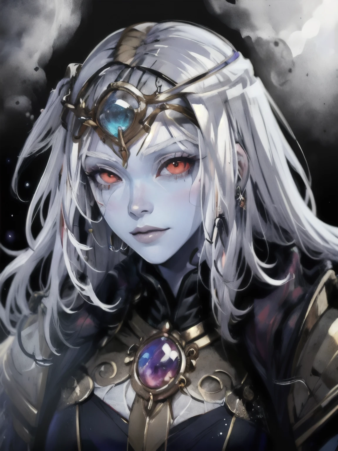 best quality, masterpiece, 1girl, perfect face, detailed eyes, perfect skin, face portrait,
((colored skin, white hair)), red eyes, gem, circlet, jewelry
long dress,
atmospheric lighting,
cosmic background,