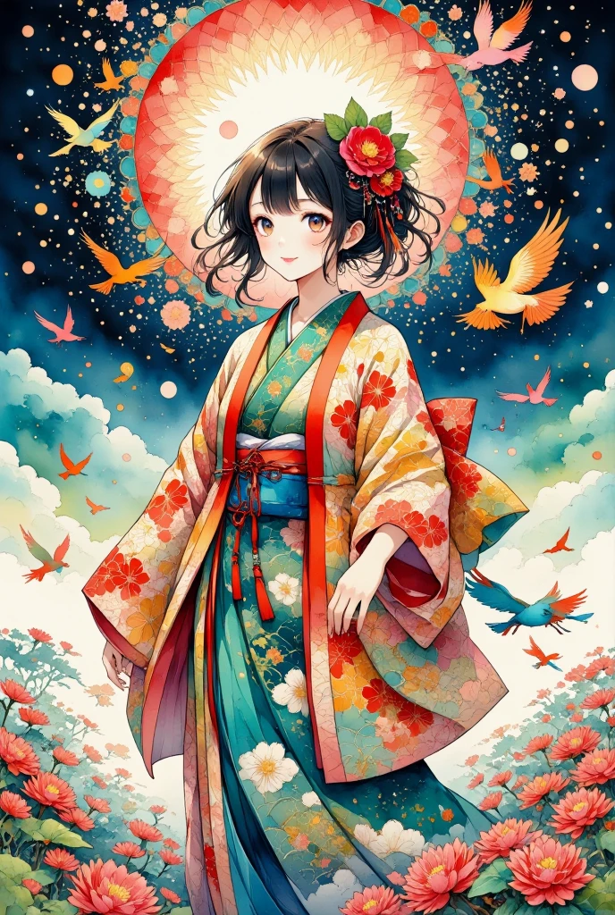 A serene scene featuring a girl in a traditional Japanese kimono, standing gracefully as vibrant birds fly around her. The birds are depicted as colorful silhouettes, each adorned with intricate, traditional Japanese patterns. In the background, large fireworks light up the sky, each explosion detailed with elegant Japanese motifs, similar to the birds' designs. The fireworks add vibrant reds, yellows, and blues to the night sky, their patterns beautifully blending with the swirling motion of the birds. The entire image has the delicate texture of washi paper, giving it a soft, artistic feel, while the harmonious mix of colors and traditional patterns creates a magical, celebratory atmosphere.