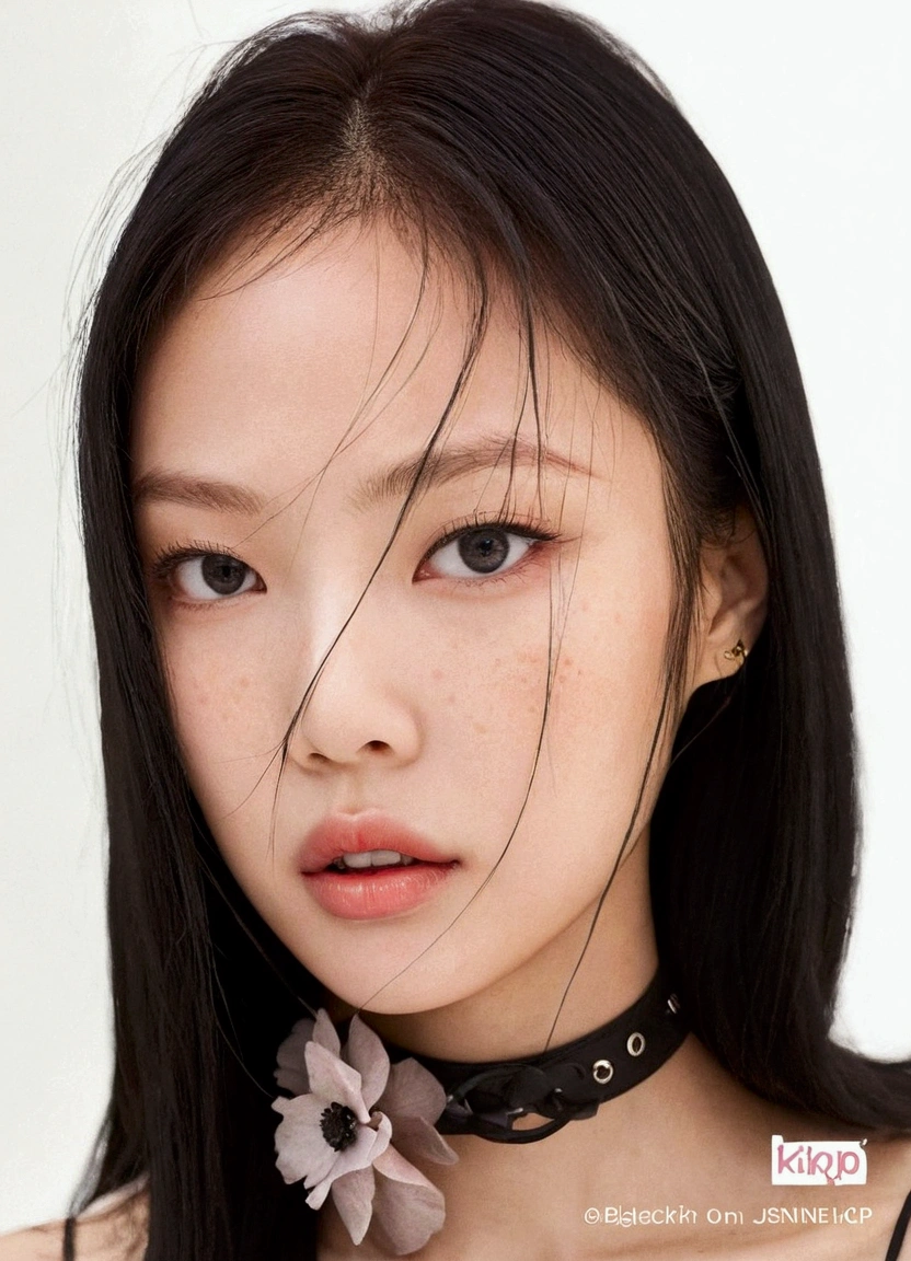 there is a woman with a choke and a flower necklace, young cute asian face, asian face, young adorable korean face, blackpink jennie, with round face, detailed face of a asian girl, korean symmetrical face, realistic. beautiful aesthetic face, south east asian with round face, girl cute-fine-face, kim jennie, beautiful,  kpop girl, Jennie kim, with green eyes, kim jennie, korean woman, black hair, Jennie, with freckles, beautiful 