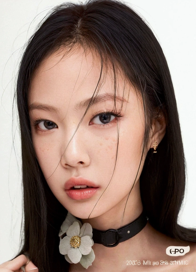 there is a woman with a choke and a flower necklace, young cute asian face, asian face, young adorable korean face, blackpink jennie, with round face, detailed face of a asian girl, korean symmetrical face, realistic. beautiful aesthetic face, south east asian with round face, girl cute-fine-face, kim jennie, beautiful,  kpop girl, Jennie kim, with green eyes, kim jennie, korean woman, black hair, Jennie, with freckles, beautiful 