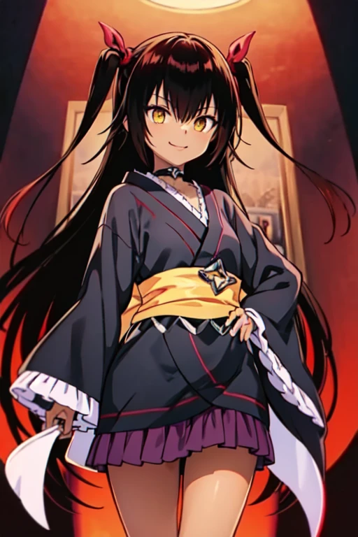 nemesis,best quality, long hair, black hair, two side up, hair ribbon, tan,. dark skin, black choker, frills, japanese clothes, obi, purple hakama short skirt, standing,seductive smile