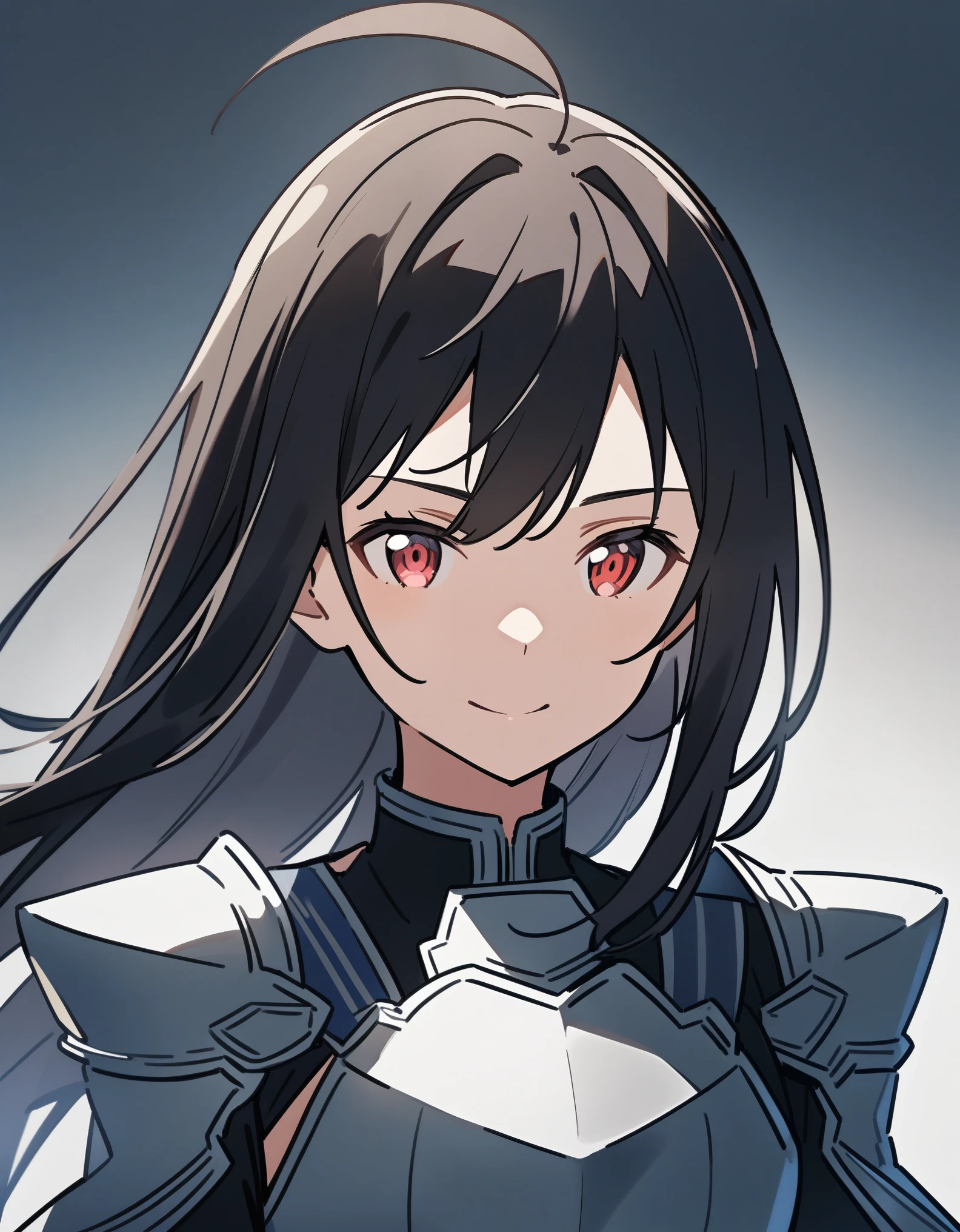 (high-quality, breathtaking),(expressive eyes, perfect face) 1girl, female, solo, portrait, Sword Art Online, Alicization, Symmetrical Eyes, simple background, gentle smile, long hair, straight hair, fantasy outfit, SAO inspired, armor, chest plate, sword art online outfit, half body shot, long bangs, ahoge, black hair, red eyes