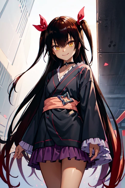 nemesis,best quality, long hair, black hair, two side up, hair ribbon, tan,. dark skin, black choker, frills, japanese clothes, obi, purple hakama short skirt, standing,seductive smile