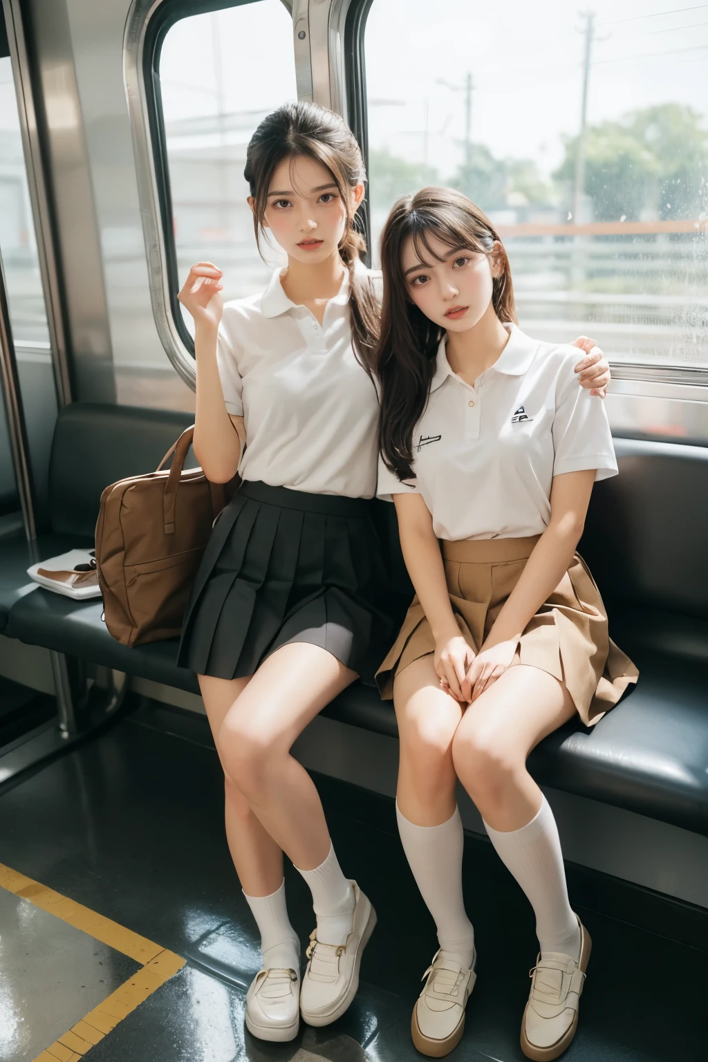 heavy rain, soaked, long hair, looking at viewer, smile, bangs, (Two girls in:1.2), skirt, brown hair, shirt, black hair, short sleeves, brown eyes,  long hair, standing, white polo shirt, pleated skirt, open clothes, shoes, socks, striped, collared shirt, hand up, bag, kneehighs, brown footwear, loafers, school bag, Wet, Train seat, Sitting