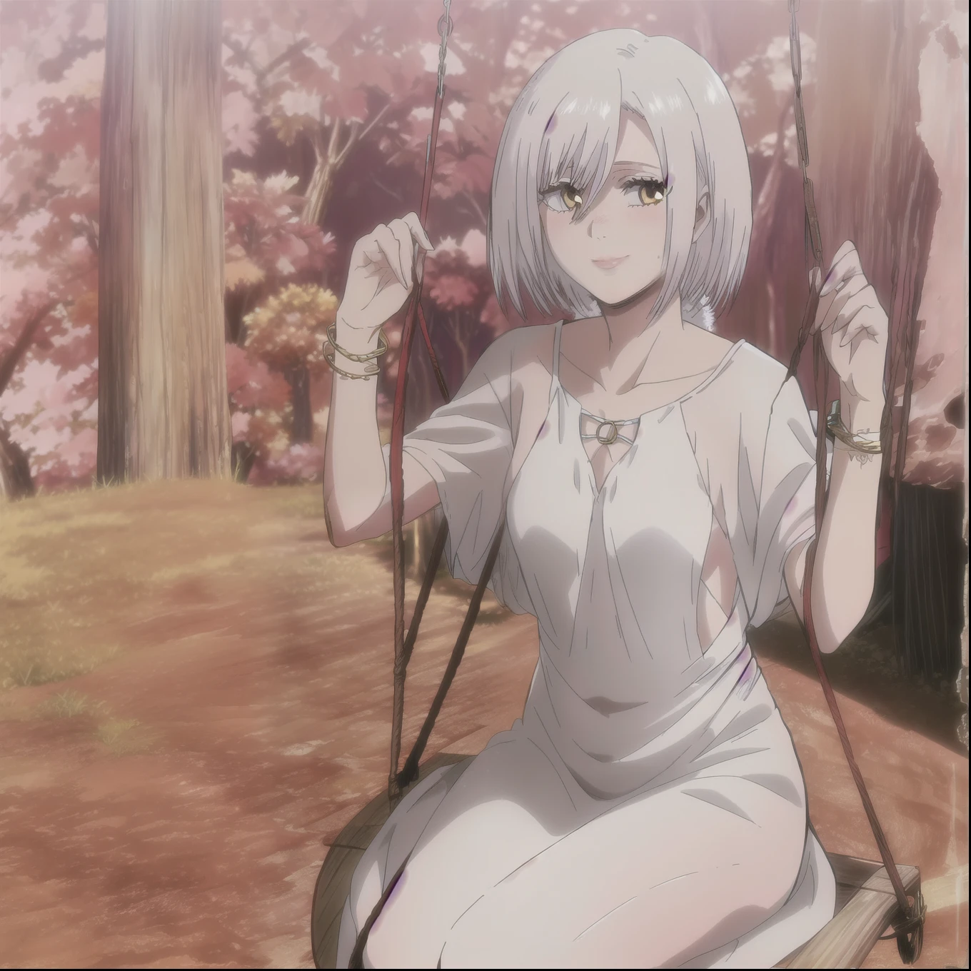 1girl , white hair, solo, small smile, white summer dress, medium hair, on swing, on Playground, gras and few trees in background, long eyelashes, pink lips, red cheeks, wearing a short dress, berry picking pose, big tree forest background, with one cat, one rabbit, wearing a small black bracelet on the right hand, yellowish white skin. full hd