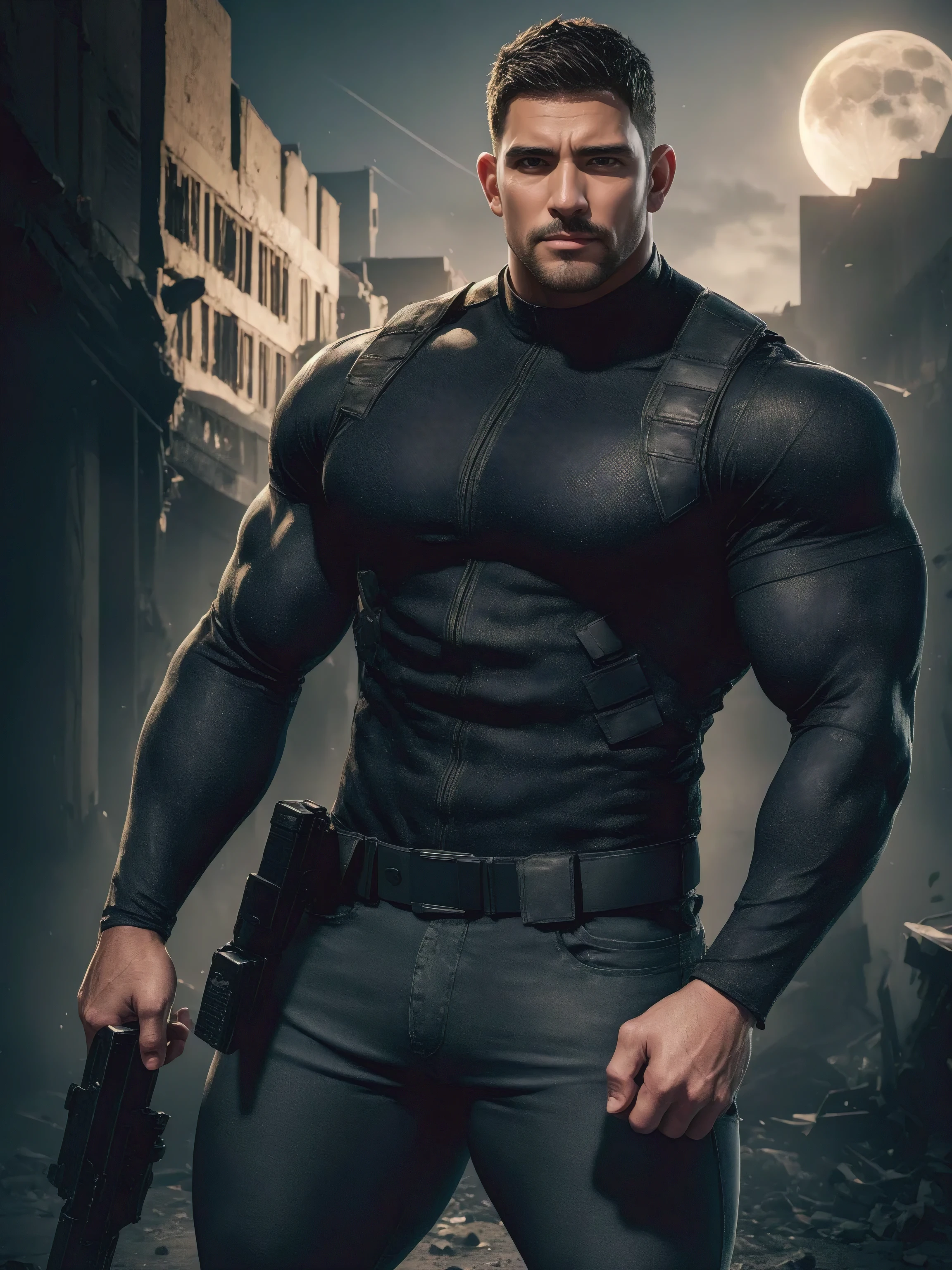 Angry super Muscular man, Flat head,Ruins ibandoned city, Get your cream long sleeve superhero Moon Knight bodysuit, Tech Bionic Compression Tights,Cream denim texture,His expression was arrogant, Lift your chin, Messy hair, Thick thighs, High Aims Neck Long Sleeve Gray Brown Superhero Bodysuit, Very tight, Regular symmetrical pattern, High Aimslight muscles, Police uniform pants, Character Concept(Resident Evil - Chris Redfield, Chris Redfield)Proud expression, Deep and charming eyes, Heroic male pose, tall Burly, Muscular!Muscular thighs, Tough Guy, Perfect facial features, High Aims, Burly, Heqiang, Super exquisite and cool, High Aims Resolution Committee, Extraordinary charm, The sun is strong, Dazzling