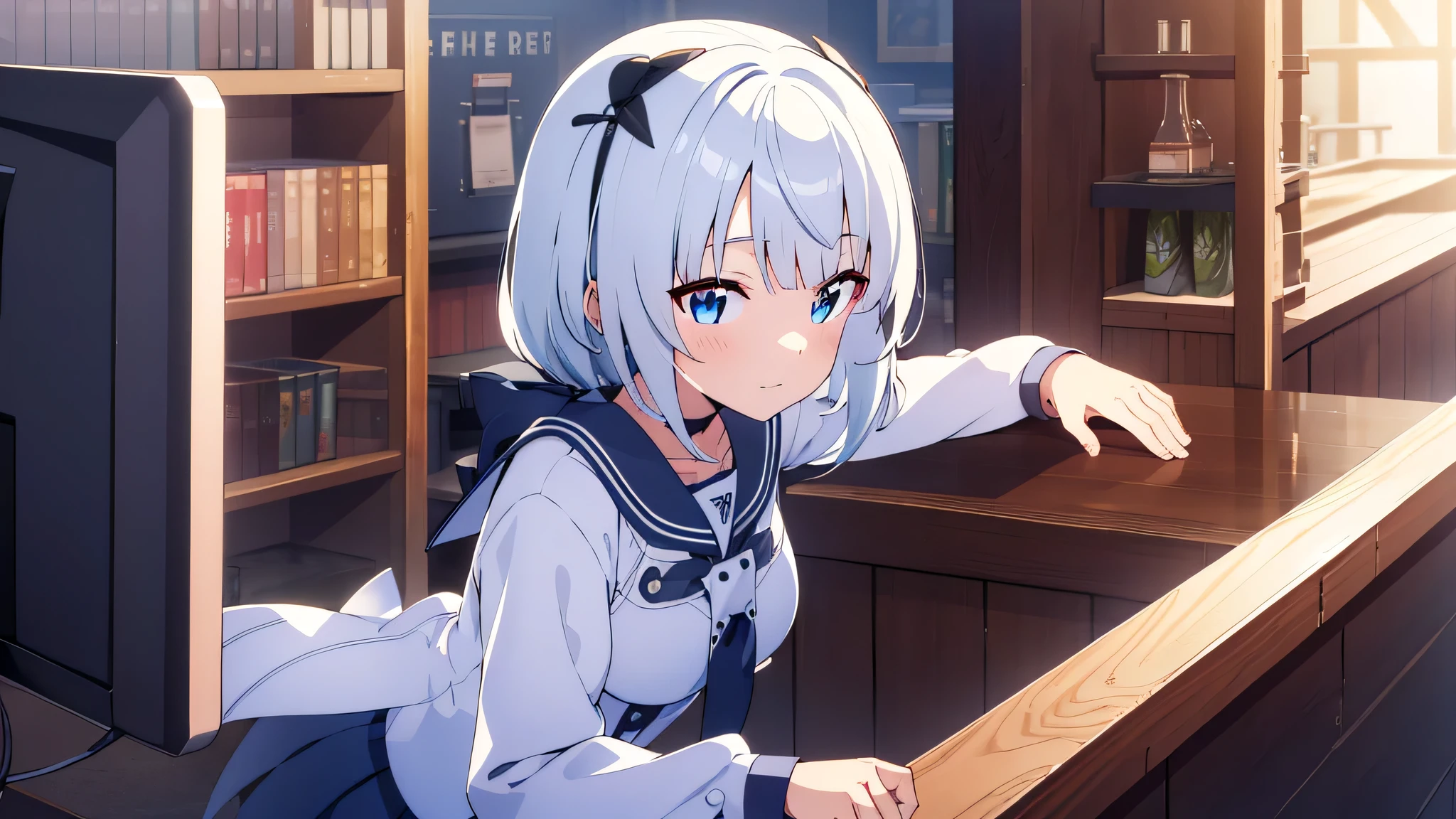 solo girl rgb ray tracing gaming room les neon gaming pc gaming ray tracing vtuber nekomimi white hair blue eyes school uniform navy 1 girl, High resolution, long hair, blush, smile, perfect body anatomy perfect perfect hands}