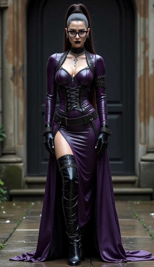 Illustrating Marionne, the demon huntress, She has long wavy lilac violet hair and gray eyesclad in a form-fitting black leather outfit, comprising a wine leather trench coat, a snug red corset embellished with belts and chains, coordinated pants, long leather boots for added defense and a gothic flair, wielding a large sword with a skull-adorned guard and a realistically styled hilt, against a dark backdrop to enhance the mysterious aura, Illustration, digital art with intricate textures, --ar 16:9 --v 5 in