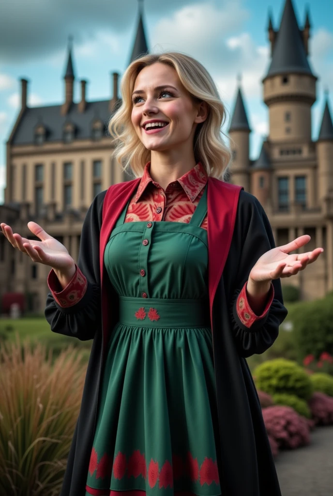 masterpiece photo of a blond full-length woman with green eyes dressed in Hogwarts mage uniform actively says something while gesticulating, a cheerful facial expression, blush, interesting dynamic pose, against the background of college of magic, a rich blue-purple sky with clouds, a lot of vegetation, bright colors, intricate bizarre color combinations