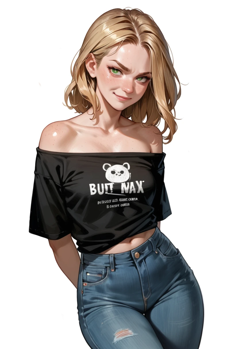 Cartoon of a girl, sexy, slutty, seductive, closed mouth, smirk, blonde hair, green eyes, freckles, perfect face, jeans, black off-shoulder shirt, small breast, hands behind back, white background
