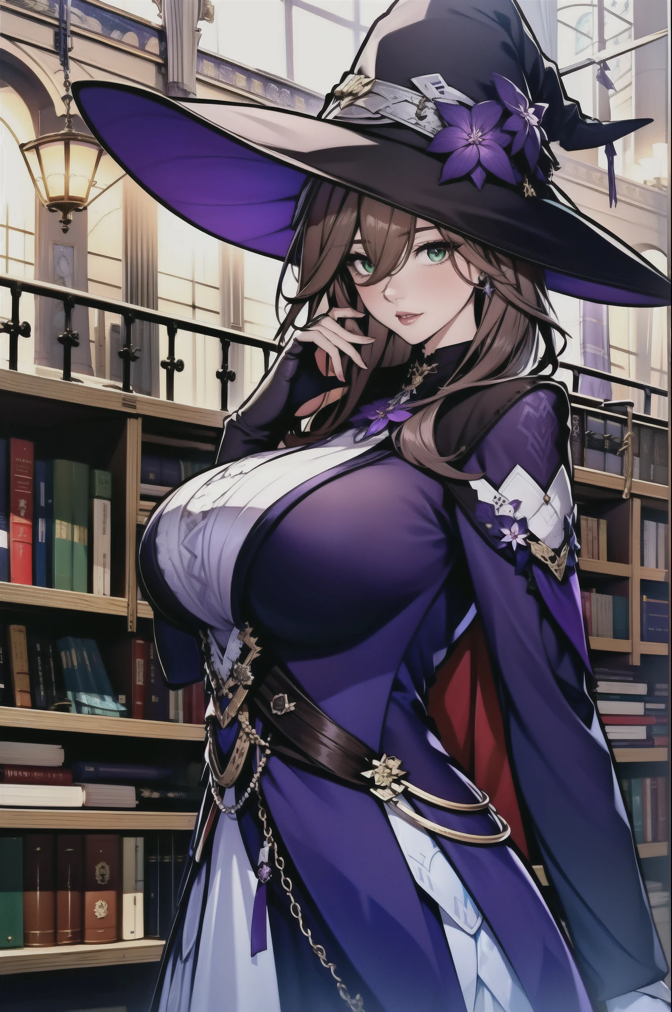 a beautiful girl, perfect face, arms at sides, masterpiece, ultra high res, high quality, 4k, upper body:1.5,  herta from honkai star rail \), urple witch hat, green eyes, brown hair, (PureErosFace_V1:0.008), (european:1.6), bangs, dress, rose, jewelry, witch, capelet, purple headwear, black gloves, purple flower, hair between eyes, purple rose, parted lips, purple capelet, hat flower, multicolored dress, hair ornament,  library,reading a booke,milf 