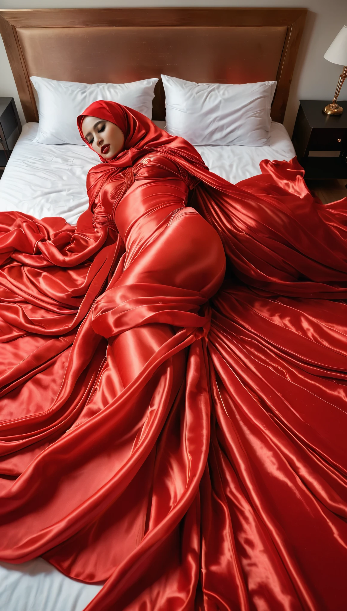 A woman shrouded in a 8-meter-long, plush red transparent satin cloth, tightly bound and grandly draping along the form of her body, flowing off into a pooled floor-length train, styled in a mermaid-inspired outfit, her head modestly veiled in a satin hijab, sexy,175 height woman, in bed, a full-body pose conveying a sense of elegance, captured in a 4k resolution, ultra-realistic