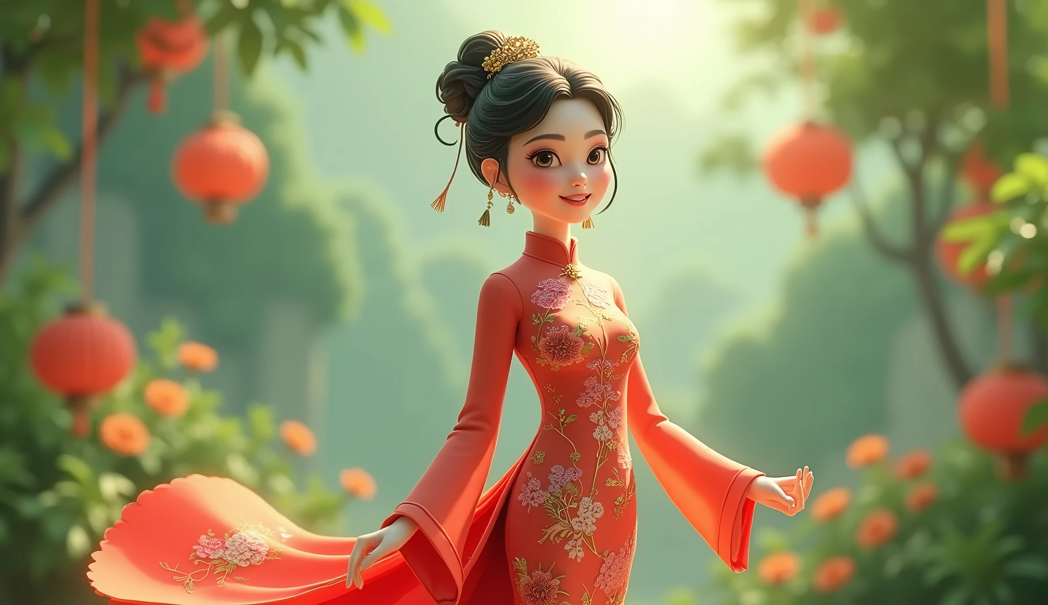 金と赤のアオザイを着た女性のCartoon characters、at the library、She has a very short blonde pixie-style animated character hair, Stylized characters, Animation-style rendering, 3d stylized, Arnold Maya rendering, Stylized 3D rendering, toon render keyshot, 3D text, 3D text, Stylized 3D rendering, 3D textレンダリング, Cartoon characters, Close-up persona, Text pose, (Pixar-style) (Master part:1. 2) (Bokeh) (Highest quality) (Detailed skin) (Detailed Texture) (8k) (Argilla) (Cinematic Lighting) (Sharp Focus)、bust90centimeter