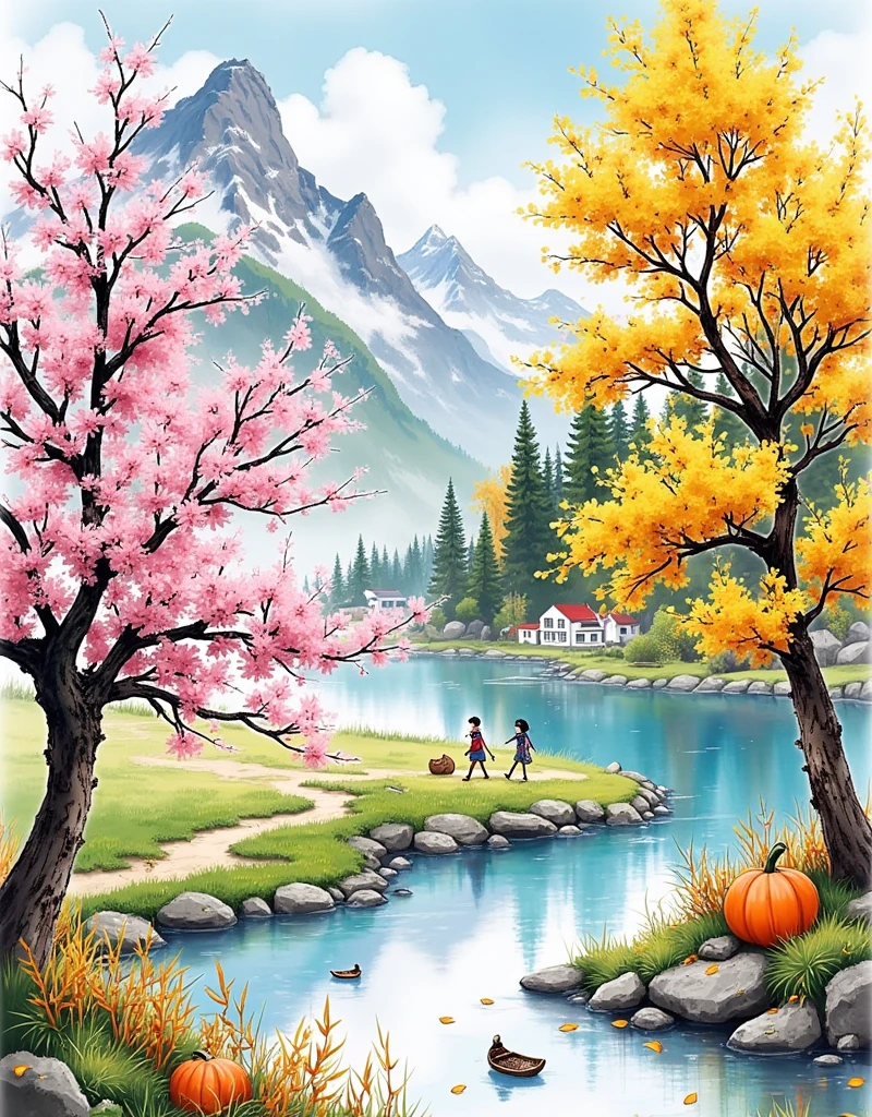 A 3D visualization epitomizing the four seasons inspired by Vivaldi's Four Seasons. Winter is represented by a snowy landscape with frosted trees and a still icy lake. The transition to Spring brings blooming flowers, buzzing bees and green grasslands. Summer signifies lush forests, bright sun and ripening fruits. Finally, Autumn depicts falling colorful leaves, mushrooms sprouting, and harvesting pumpkins. The scene should transition smoothly from one season to the other, with each season occupying an equal portion of the image, 1smgf1