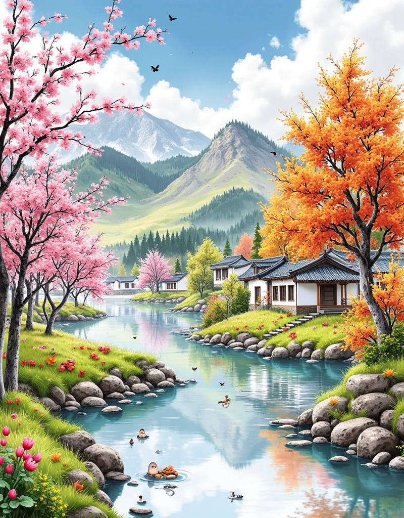 A 3D visualization epitomizing the four seasons inspired by Vivaldi's Four Seasons. Winter is represented by a snowy landscape with frosted trees and a still icy lake. The transition to Spring brings blooming flowers, buzzing bees and green grasslands. Summer signifies lush forests, bright sun and ripening fruits. Finally, Autumn depicts falling colorful leaves, mushrooms sprouting, and harvesting pumpkins. The scene should transition smoothly from one season to the other, with each season occupying an equal portion of the image, 1smgf1