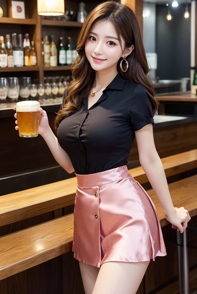 最high quality, 8k, Vibrant, Sharp focus, high quality, High resolution, Middle-aged women, Mature Woman, 55 years old, (Whole Body Ezbian), (High heels face detail, Highly detailed eyes, Slender figure、A beautiful woman with a sharp face wearing a stylish colorful business suit、Enjoying a drink in a neon-lit bar、The scene where she shows off her best smile。シーンは鮮やかでhigh quality、Detailed and meticulously drawn。Beautiful woman's perfect face highlighted by neon lights、It creates a wonderful contrast。The bar is decorated with colorful neon signs.、There is a lively atmosphere。Colorful business suits are sophisticated and stylish.、It accentuates her elegant appearance。Ultra-realistic 8K resolution throughout、Captures every detail。Her face is full of joy、With beautiful eyes and a perfect smile、It gives the scene a sense of life and charm.。