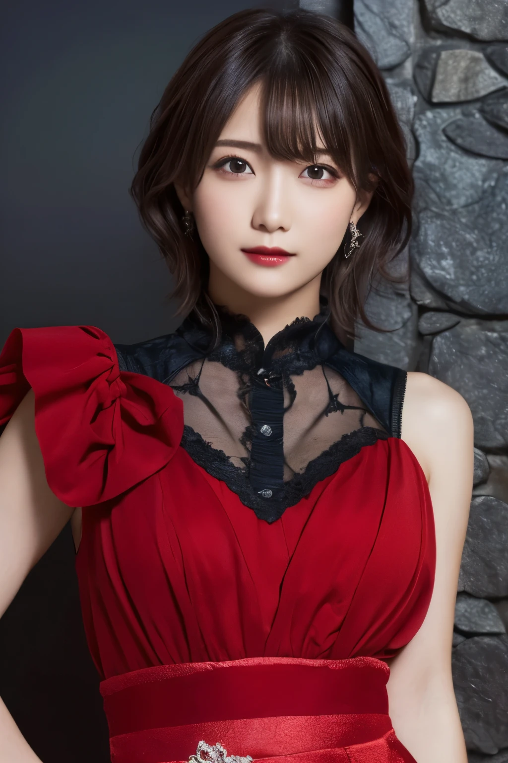 1 girl, (She is wearing a red dress:1.3), (Gothic Makeup), Portrait of an adorable Japanese symphonic metal singer, (RAW Photo Best Quality), (Realistic, Realistic:1.4), (masterpiece), 
But delicate and beautiful, Very detailed, 2k wallpaper, wonderful, finely, Very detailed CG Unity 8K wallpaper, Very detailed, High resolution, Soft light, 
Beautiful detailed girl, Very detailed目と顔, A beautiful and elegant nose, Beautiful Beautiful Eyes, Cinema Lighting, 
(彼女はnightのヨーロッパの中世の廃墟の町で横たわる:1.4), (Stone Path:1.4), (night:1.4), (Girl full body silhouette:1.2), (Dark screen:1.5), (I am very ), 
(short hair), (Messy Hair), (Indigo Color Scheme),
Perfect Anatomy, Slender body, Small breasts