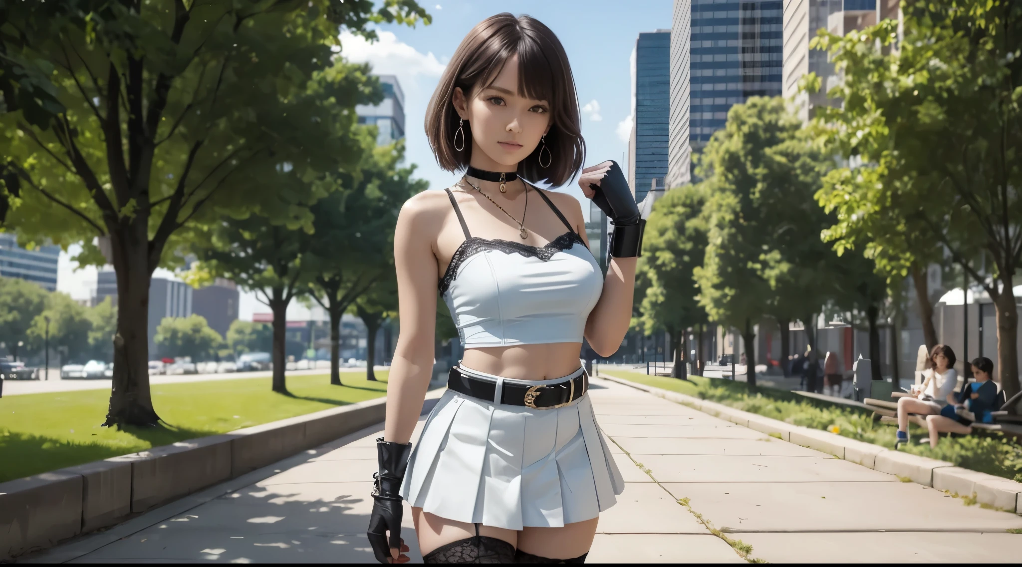 girl, standing, body tilt, armpits, clenching fist, camisole, (gigantic breasts:1.2), micro pleated skirt, thighhighs, choker, medium hair, hime cut, hime bangs, looking at viewer, (smile:0.4), park, concrete path, arranged trees, (highrise building:0.8), (masterpiece, best quality, photorealistic:1.2), straight dark brown hair, white tube top, white mini skirt, chain belt, black lace glove, necklace, black choker, (park bench:0.8), sunny day,