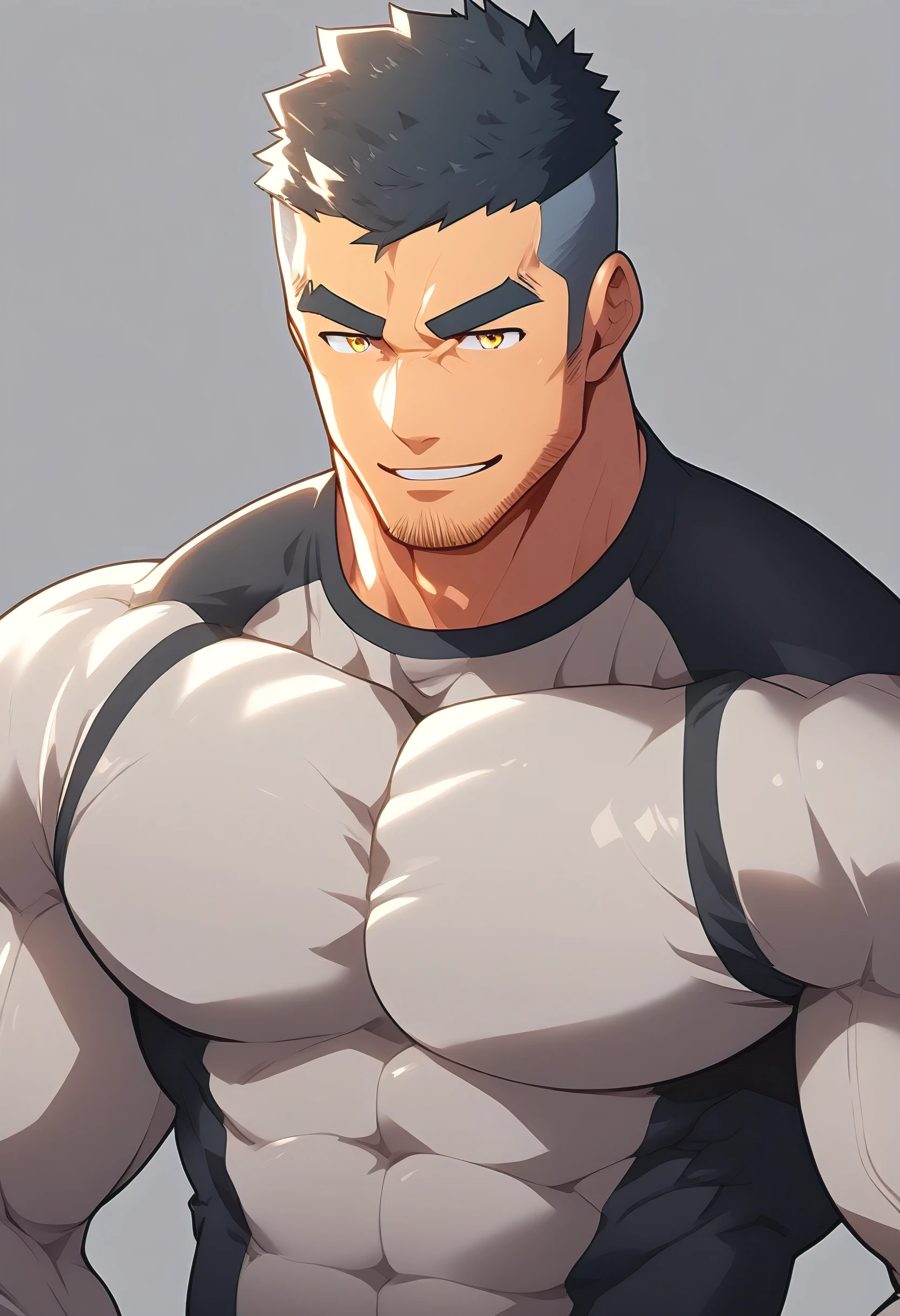 anime characters：Gyee, Muscle Sports Student, 1 muscular tough guy, Manliness, male focus, Light Grey long sleeve tights, Very tight, The pectoral muscles are oversized, Muscle waist, The crotch is raised upwards, muscular male, muscular, only, Upper body, alone, Black short hair, Thick eyebrows, stubble, Yellow eyes, Grey background, simple background, amazing quality, best aesthetics, Ridiculous, bright pupils, crew cut, parted lips, seductive smile, torogao, naughty face, drop shadow, best quality