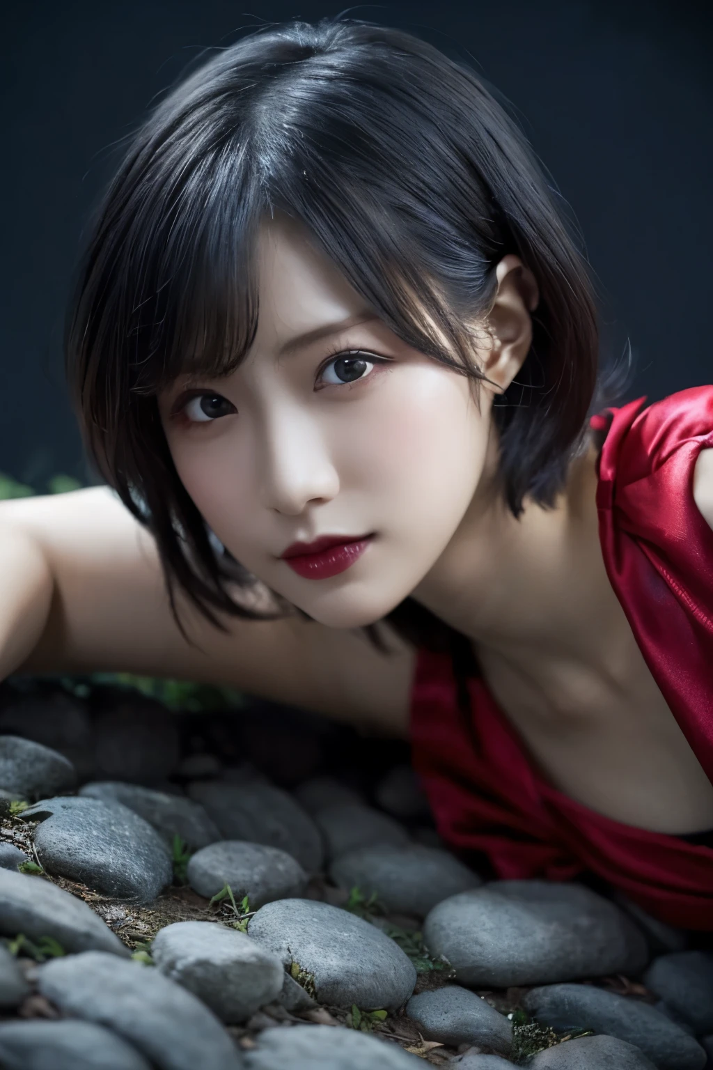 1 girl, (She is wearing a red dress:1.3), (Gothic Makeup), Portrait of an adorable Japanese symphonic metal singer, (RAW Photo Best Quality), (Realistic, Realistic:1.4), (masterpiece), 
But delicate and beautiful, Very detailed, 2k wallpaper, wonderful, finely, Very detailed CG Unity 8K wallpaper, Very detailed, High resolution, Soft light, 
Beautiful detailed girl, Very detailed目と顔, A beautiful and elegant nose, Beautiful Beautiful Eyes, Cinema Lighting, 
(彼女はnightのヨーロッパの中世の廃墟の町でLying down:1.4), (Stone Path:1.4), (night:1.4), (Girl full body silhouette:1.2), (Lying down), (Dark screen:1.5), (I am very ), 
(short hair), (Messy Hair), (Indigo Color Scheme),
Perfect Anatomy, Slender body, Small breasts