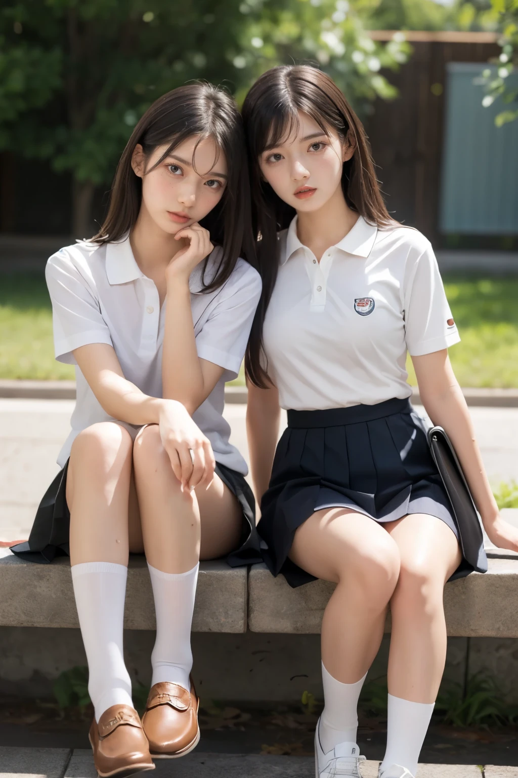 heavy rain, soaked, long hair, looking at viewer, smile, bangs, (Two girls in:1.2), skirt, brown hair, shirt, black hair, short sleeves, brown eyes,  long hair, standing, white polo shirt, pleated skirt, open clothes, shoes, socks, striped, collared shirt, hand up, bag, kneehighs, brown footwear, loafers, school bag, Wet, park seat, Sitting, (Closeup:1.2)