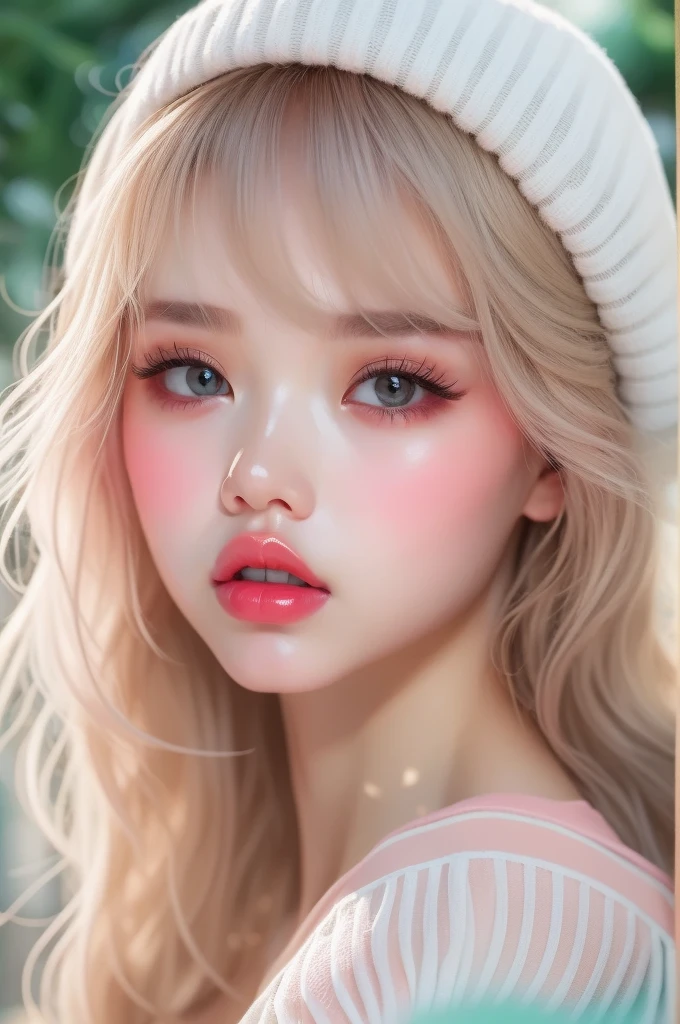 (detailed), studio lighting, hyper detailed, realistic portrait, Perfect Face.1  girl, 、Blue eyes with well-defined double eyelids and long eyelashes, in the snow backdrop, realistic face, detailed skin, ピンクblond long bob hair 、bangs covering forehead, extremely detailed lips, large mouth, full, plump, glossy light pink lips, natural-looking makeup, transparent lip gloss, with off-shoulder mini summer dress, photorealistic, ((Best Quality)), ((masterpiece)), high quality, 8k, masterpiece