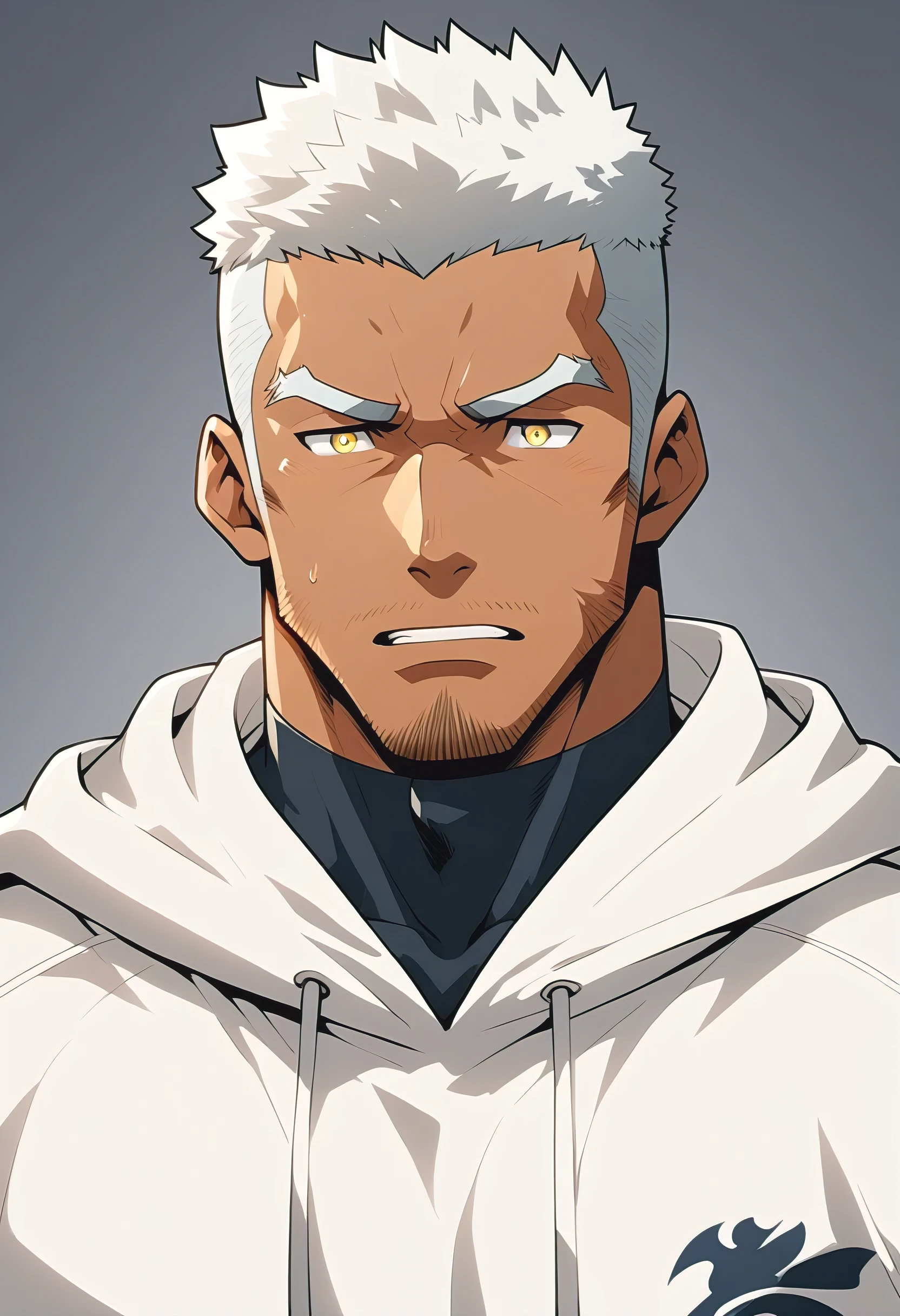 negro，anime characters：Gyee, Young Muscle Sports Sexy Teacher, negro black skin, Manliness, male focus, milky White long-sleeved hooded sweatshirt, Wear a black high-necked tights inside, Very tight, muscular male, muscular, only, Upper body, White short hair, Thick eyebrows, stubble, Yellow eyes, Grey background, simple background, amazing quality, best aesthetics, Ridiculous, bright pupils, crew cut, parted lips, embarrassed, endured face, Aggrieved expression, best quality