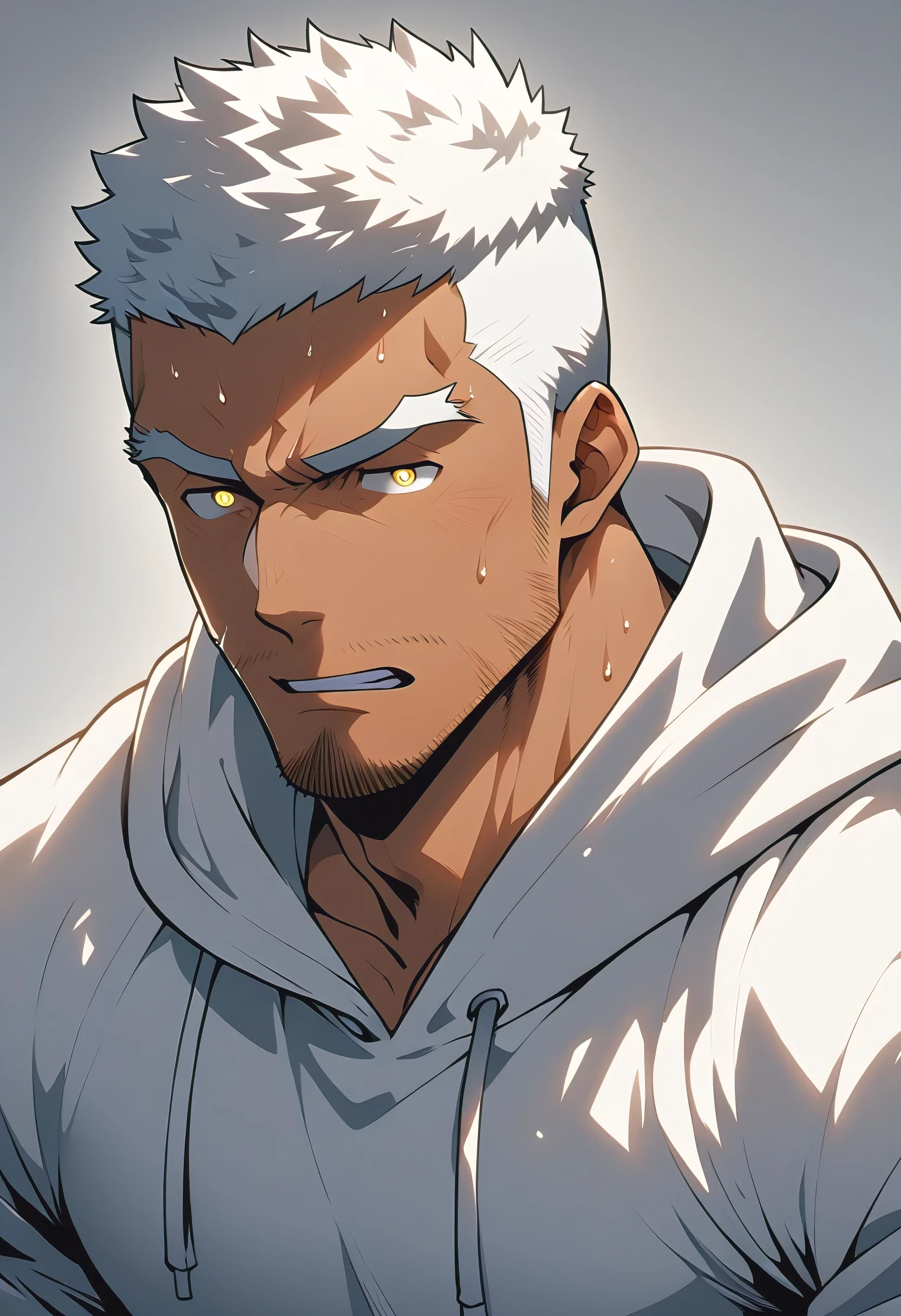 negro, anime characters：Gyee, Young Muscle Sports Sexy Teacher, sweat, negro black skin, Manliness, male focus, milky White long-sleeved hooded sweatshirt, Wear a black high-necked tights inside, Very tight, muscular male, muscular, only, Upper body, White short hair, Thick eyebrows, stubble, Yellow eyes, Grey background, simple background, amazing quality, best aesthetics, Ridiculous, bright pupils, crew cut, parted lips, embarrassed, endured face, Aggrieved expression, best quality