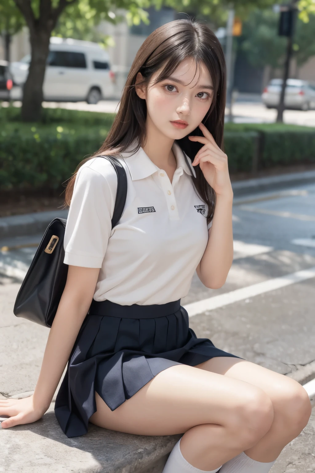 heavy rain, soaked, long hair, looking at viewer, smile, bangs, (Two girls in:1.2), skirt, brown hair, shirt, black hair, short sleeves, brown eyes,  long hair, white polo shirt, pleated skirt, open clothes, shoes, socks, striped, collared shirt, hand up, bag, kneehighs, brown footwear, loafers, school bag, Wet, park seat, Sitting, (Closeup:1.2)