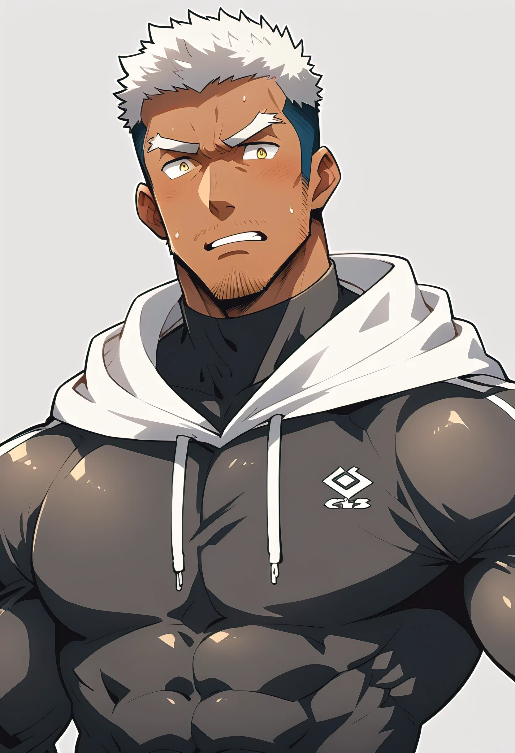 negro, anime characters：Gyee, Young Muscle Sports Sexy Teacher, sweat, negro black skin, Manliness, male focus, milky White long-sleeved hooded sweatshirt, Wear a black high-necked tights inside, Very tight, muscular male, muscular, only, Upper body, White short hair, Thick eyebrows, stubble, Yellow eyes, Grey background, simple background, amazing quality, best aesthetics, Ridiculous, bright pupils, crew cut, parted lips, embarrassed, endured face, Aggrieved expression, best quality