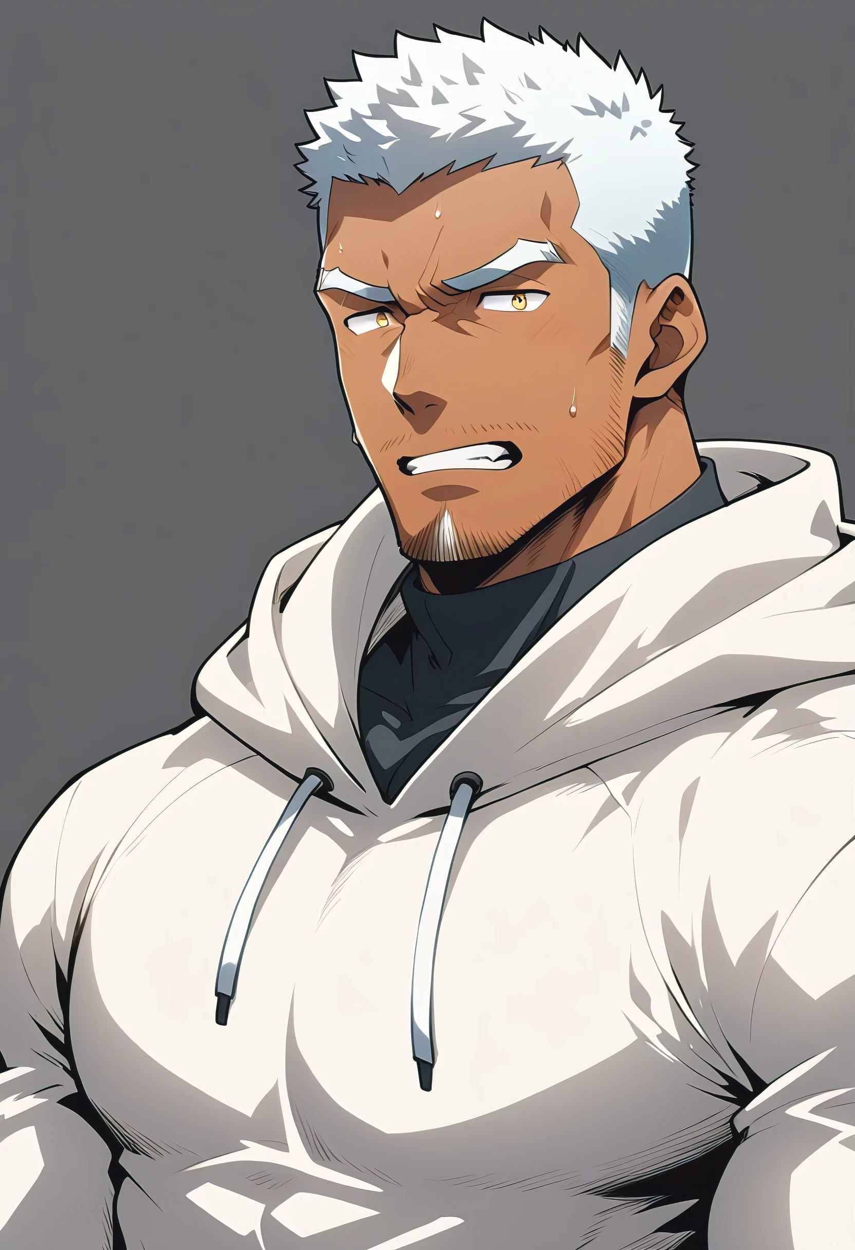 negro, anime characters：Gyee, Young Muscle Sports Sexy Teacher, sweat, negro black skin, Manliness, male focus, milky White long-sleeved hooded sweatshirt, Wear a black high-necked tights inside, Very tight, muscular male, muscular, only, Upper body, White short hair, Thick eyebrows, stubble, Yellow eyes, Grey background, simple background, amazing quality, best aesthetics, Ridiculous, bright pupils, crew cut, parted lips, embarrassed, endured face, Aggrieved expression, best quality