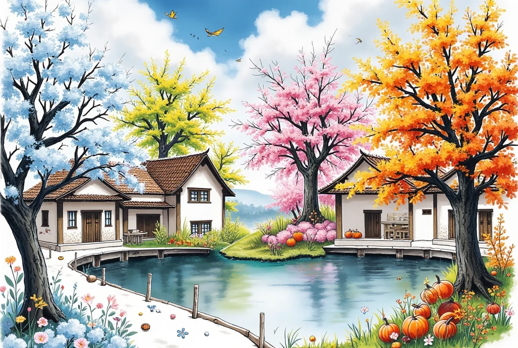 A visualization epitomizing the four seasons inspired by Vivaldi's Four Seasons. Winter is represented by a snowy landscape with frosted trees and a still icy lake. The transition to Spring brings blooming flowers, buzzing bees and green grasslands. Summer signifies lush forests, bright sun and ripening fruits. Finally, Autumn depicts falling colorful leaves, mushrooms sprouting, and harvesting pumpkins. The scene should transition smoothly from one season to the other, with each season occupying an equal portion of the image, 1smgf1