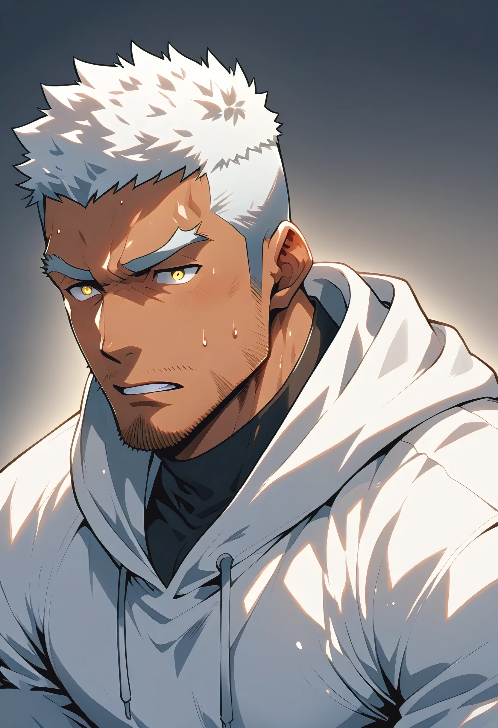 negro, anime characters：Gyee, Young Muscle Sports Sexy Teacher, sweat, negro black skin, Manliness, male focus, milky White long-sleeved hooded sweatshirt, Wear a black high-necked tights inside, Very tight, muscular male, muscular, only, Upper body, White short hair, Thick eyebrows, stubble, Yellow eyes, Grey background, simple background, amazing quality, best aesthetics, Ridiculous, bright pupils, crew cut, parted lips, embarrassed, endured face, Aggrieved expression, best quality