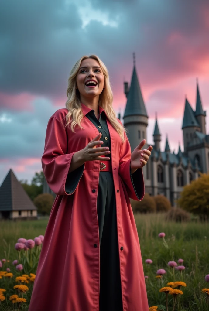 masterpiece photo of a blond full-length woman with green eyes dressed in Hogwarts watermelon mage uniform actively says something while gesticulating, a cheerful facial expression, blush, interesting dynamic pose, against the background of college of magic, a rich blue-purple sky with clouds, a lot of vegetation, bright colors, intricate bizarre color combinations