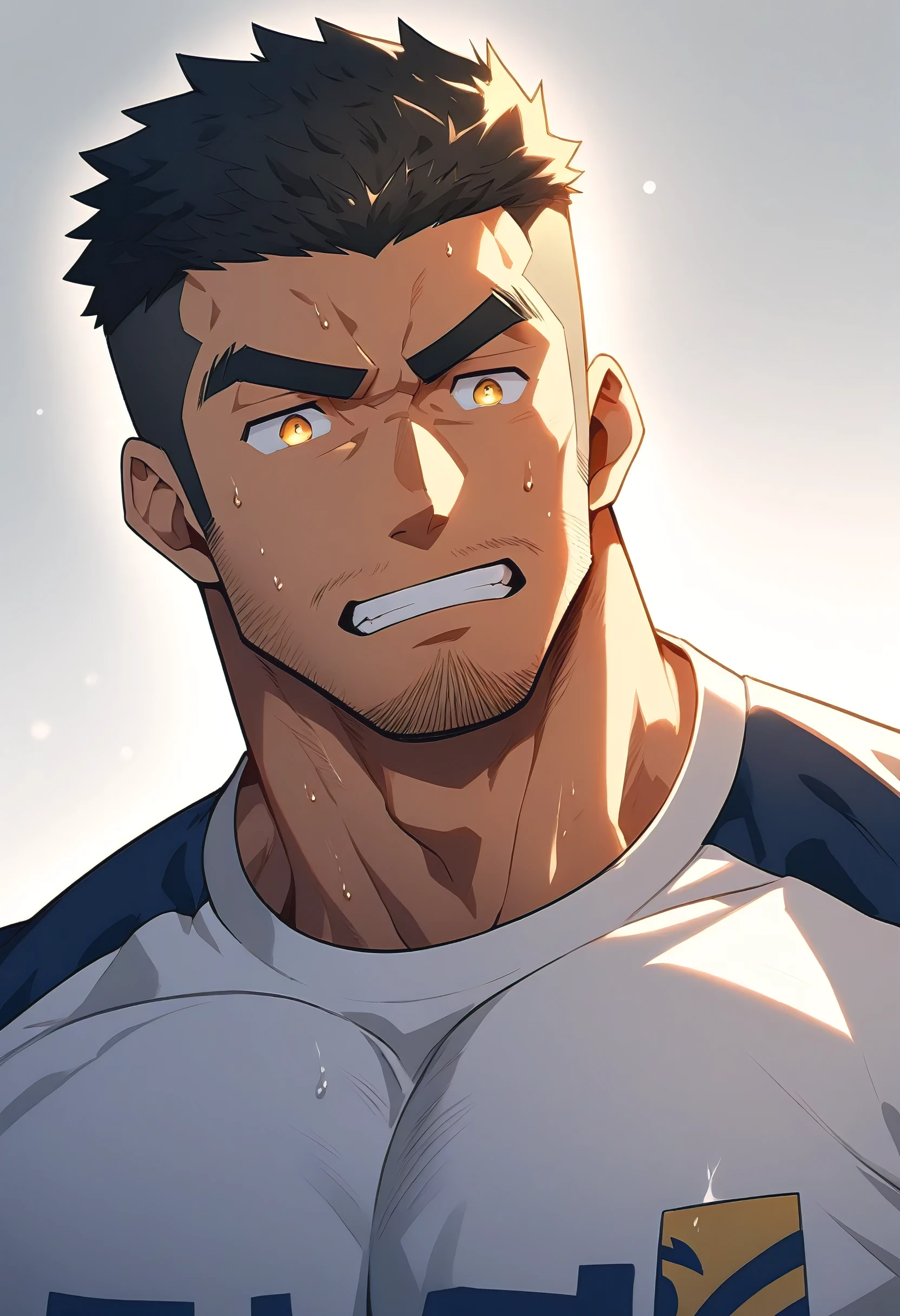 anime characters:Gyee, Young Muscle Sports Sexy Police, sweat, negro black skin, Manliness, male focus, White tight shirt, Handsome shirt, Very tight, muscular male, Huge and round chest muscles, Perfect muscle waist, only, Upper body, alone, Black short hair, Thick eyebrows, stubble, Yellow eyes, Grey background, simple background, amazing quality, best aesthetics, Ridiculous, bright pupils, crew cut, parted lips, Gritting teeth expression, He felt very aggrieved, endured face, best quality