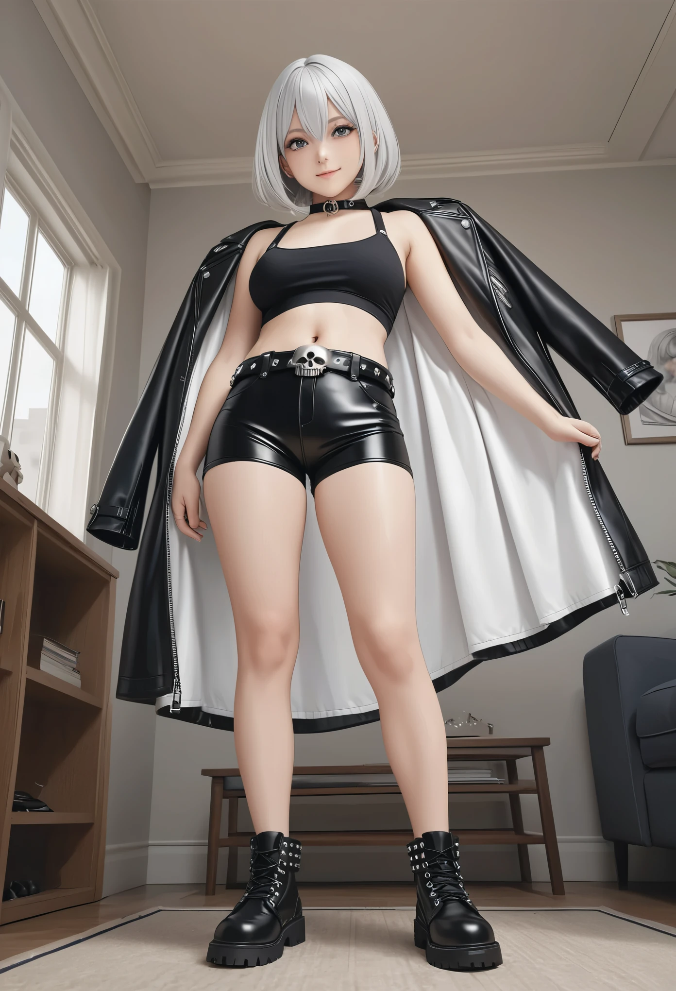 ((masterpiece, best quality, photorealistic, high res image, very aesthetic, absurdres, 32K, highly detailed, anime art style, full body shot, contrapposto, from below)),18yo, (glossy silver hair), (bob cut:1.2), bang between eyes, (detailed dark silver eyes, long eyelushes), 1 beautiful girl, cute face, beautiful face, pretty face, beautiful, (large breasts:1.2), BREAK (rock style), (zipper on black crop-top:1.4), (black latex shorts:1.4), ((leather jacket on shoulders, bare shoulders):1.3), (crazy amount of buttons:1.2), ((skull print, navel):1.2), (latex belt, black dog-collar:1.3), (studded accessories,earrings:1.1), combat boots, large sun glasses, (small nose, smile)