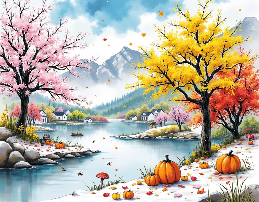 A visualization epitomizing the four seasons inspired by Vivaldi's Four Seasons. Winter is represented by a snowy landscape with frosted trees and a still icy lake. The transition to Spring brings blooming flowers, buzzing bees and green grasslands. Summer signifies lush forests, bright sun and ripening fruits. Finally, Autumn depicts falling colorful leaves, mushrooms sprouting, and harvesting pumpkins. The scene should transition smoothly from one season to the other, with each season occupying an equal portion of the image, 1smgf1