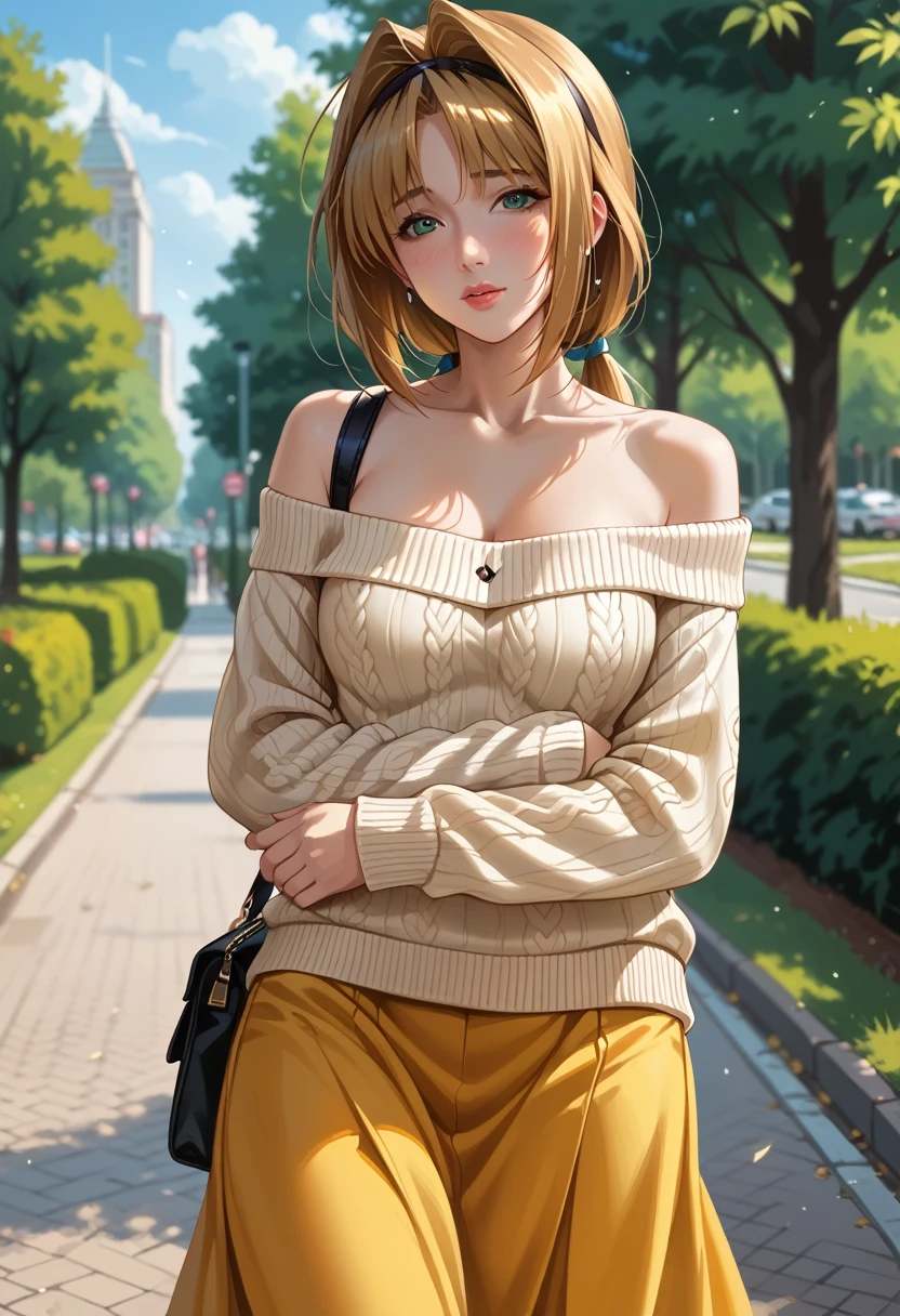 (takamori haruka:1.0), 1 girl, score_9, score_8_up, score_7_up, score_6_up, ((12k,Masterpiece)), Very detailed, clothes reflecting light ,(mature female, motherly, medium breasts:1.0),Outdoor,Park,(She's wearing a glossy, off shoulder sweater )、The dress has a simple design without any patterns, blushing,black long skirt,