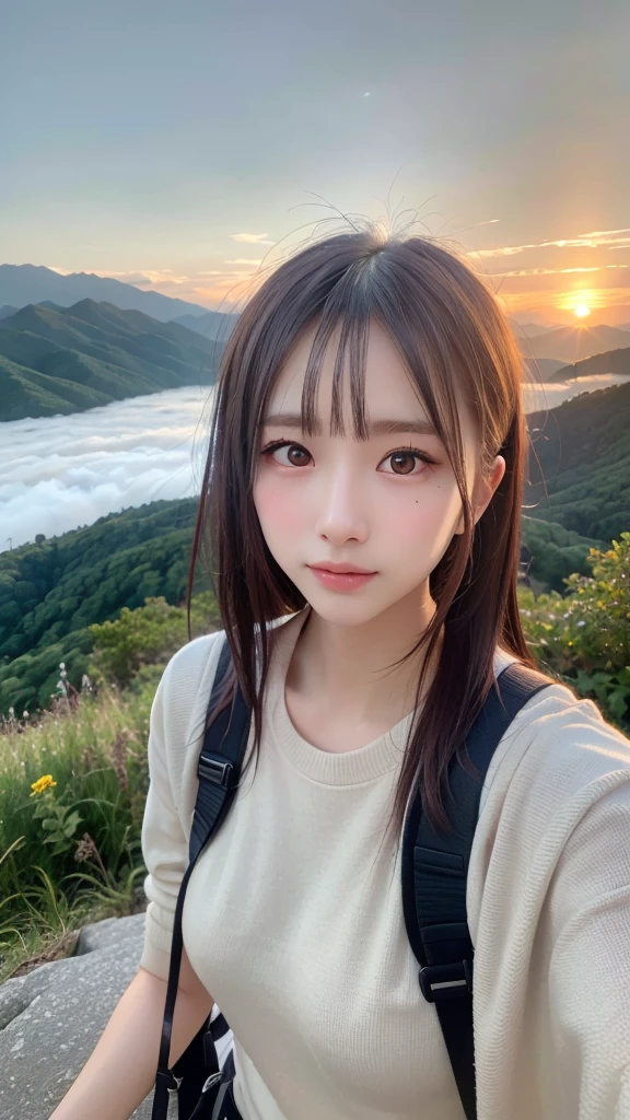 Highest quality, masterpiece, Ultra-high resolution, (Realistic:1.3), RAW Photos, (Nature landscape photography), (Majestic Mountain々The summit of the, sea of clouds), (とても大きな山The summit of the), (sunset), (one person&#39;s), (Upper Body), (20-year-old), (smile:0.9), (Glowing Skin), (short hair, Dark brown hair), (A loose white see-through T-shirt), (Tight Casual Super Shorts),(Off the shoulder)、 (Ultra detailed face), (Nipple erection:1.2), (Highly detailed eyes), (Highly detailed nose), (Highly detailed mouth), (Very skilled hands), (Super-detailed body), Sony a7, 85mm lens, f9.0, Pan Focus
、We provide high quality lace panties、(Turn your body forward、To the camera、Face to face:1.3)、(Please put your hands on the ground、Hunchback、Dorsal position:1.3)、Shooting from below、