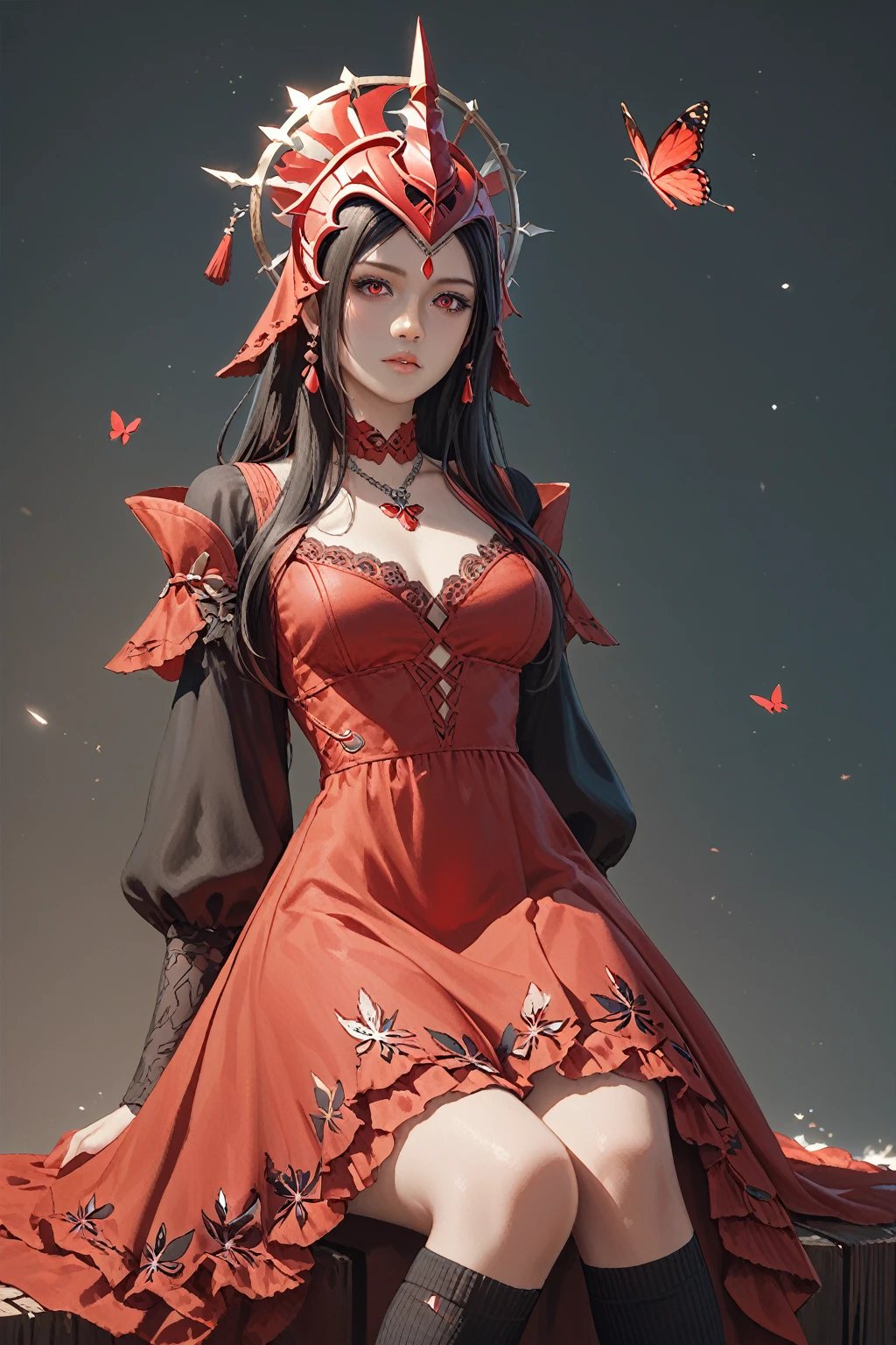 Expressionless,,(Dark fantasy),((Great illustrations)),(Detail Splash), Long black hair, Red Eyes, girl, Pure black dress, Collar only, The sleeves and skirt are dark red, A red butterfly barrette is attached to the side of her ear., masterpiece, Best Quality, High image quality, Headpiece,, red and black crystal necklace, Black knee socks